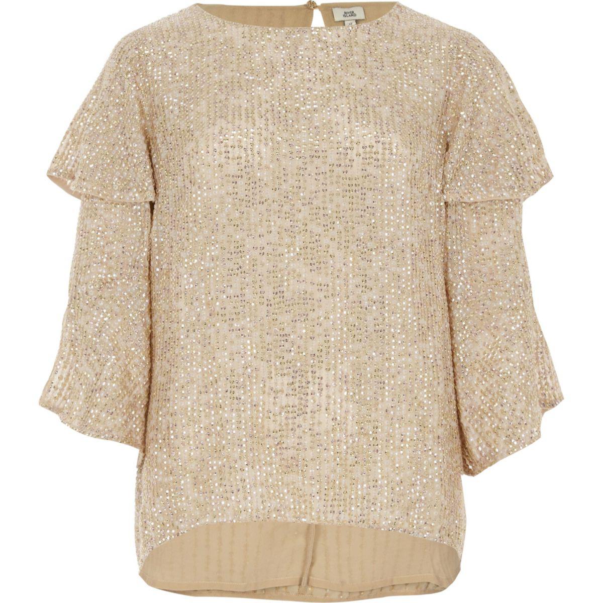 Lyst - River island Gold Sequin Embellished Frill Sleeve Top Gold ...