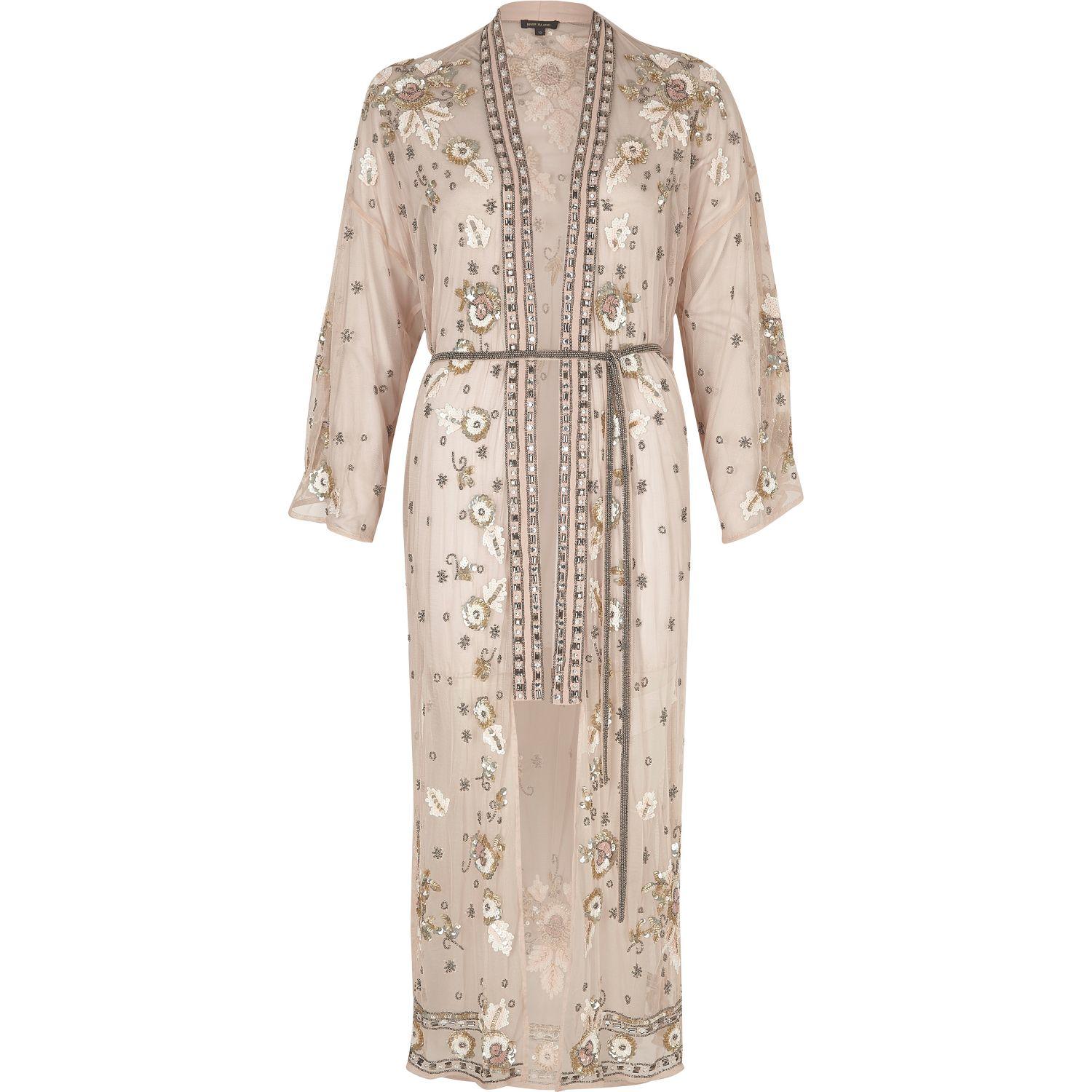 River Island Pink Mesh Sequin Embellished Longline Kimono in Pink - Lyst
