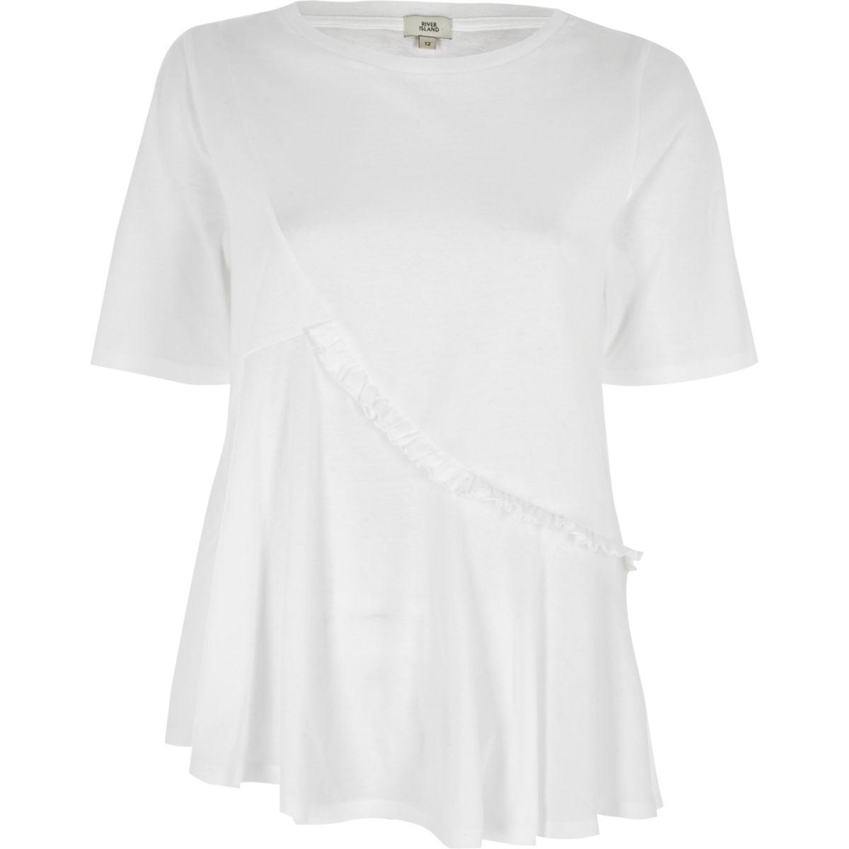 Lyst - River island White Asymmetric Ruffle Front T-shirt White ...