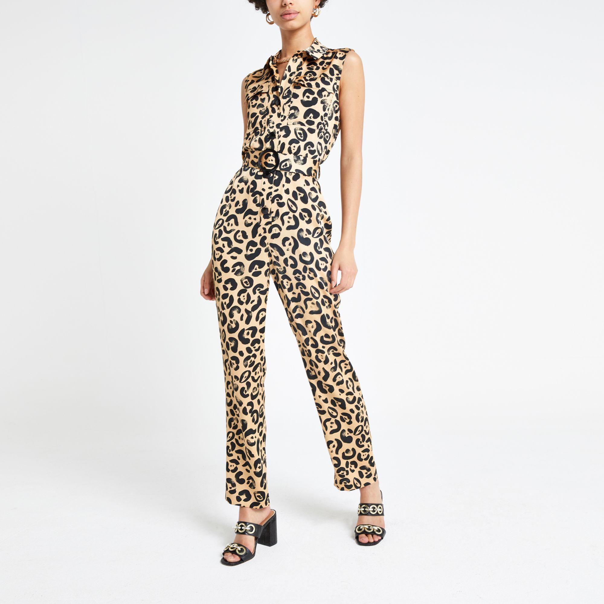 River Island Leopard Print Belted Jumpsuit In Brown Lyst