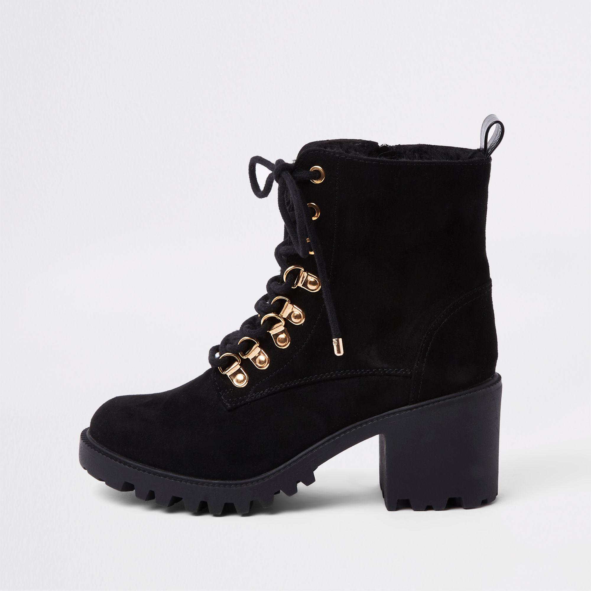 Lyst - River Island Faux Fur Tongue Lace-up Chunky Boots in Black