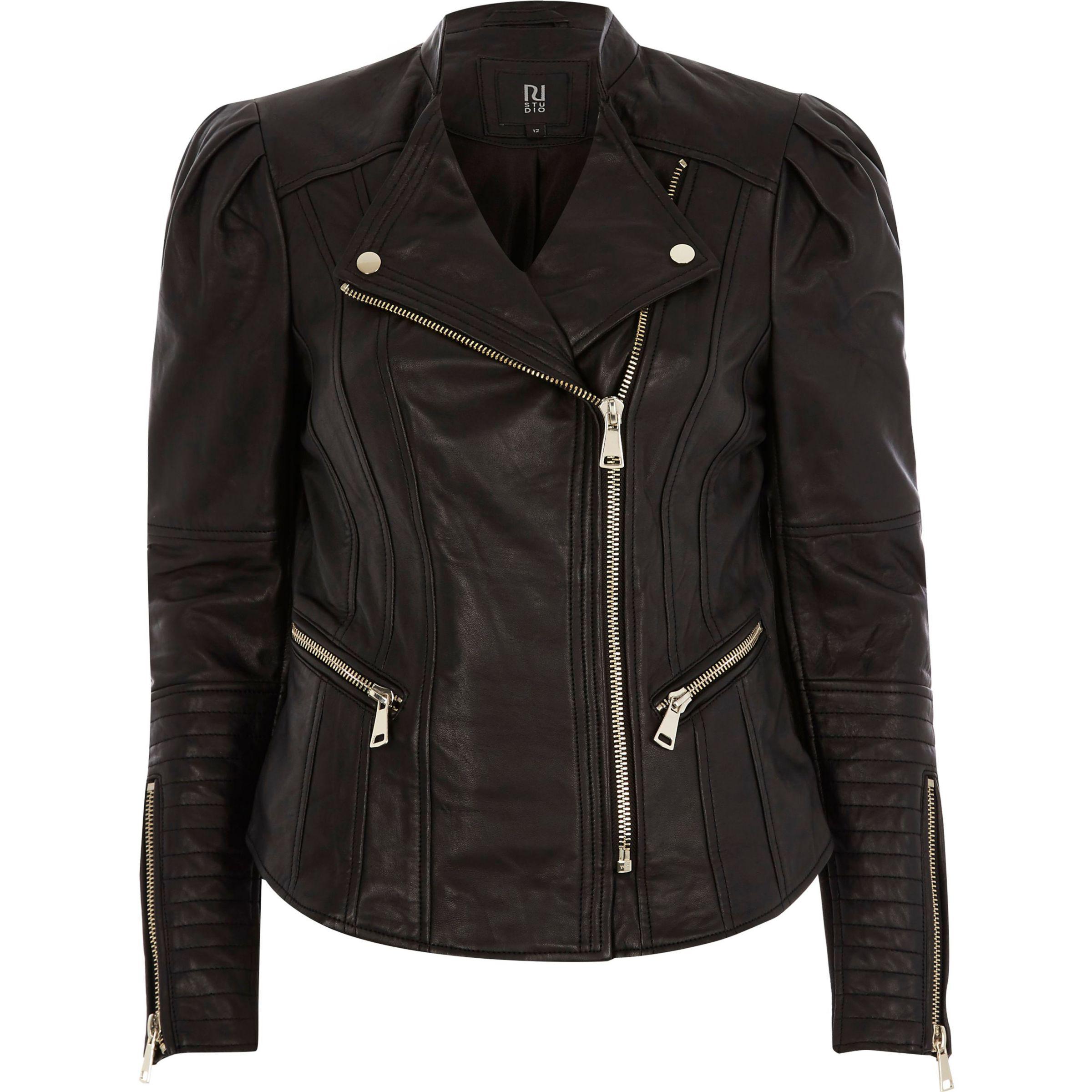 River Island Black Ri Studio Puff Sleeve Leather Jacket In Lyst Gallery