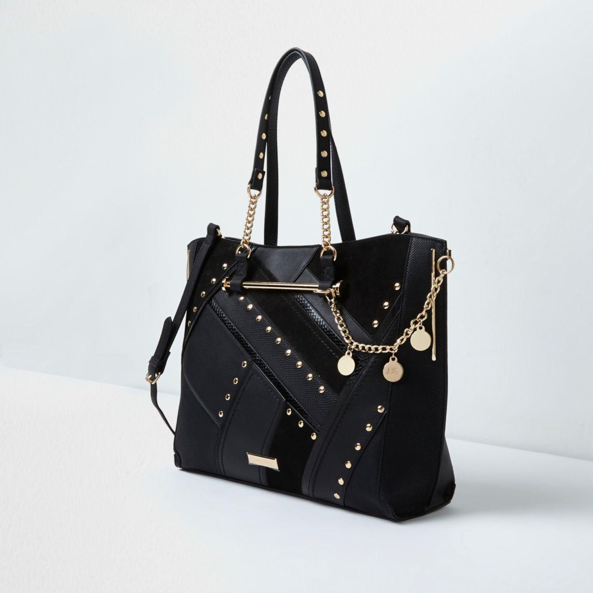 Lyst - River Island Black Studded Cutabout Charm Shopper Tote Bag in Black