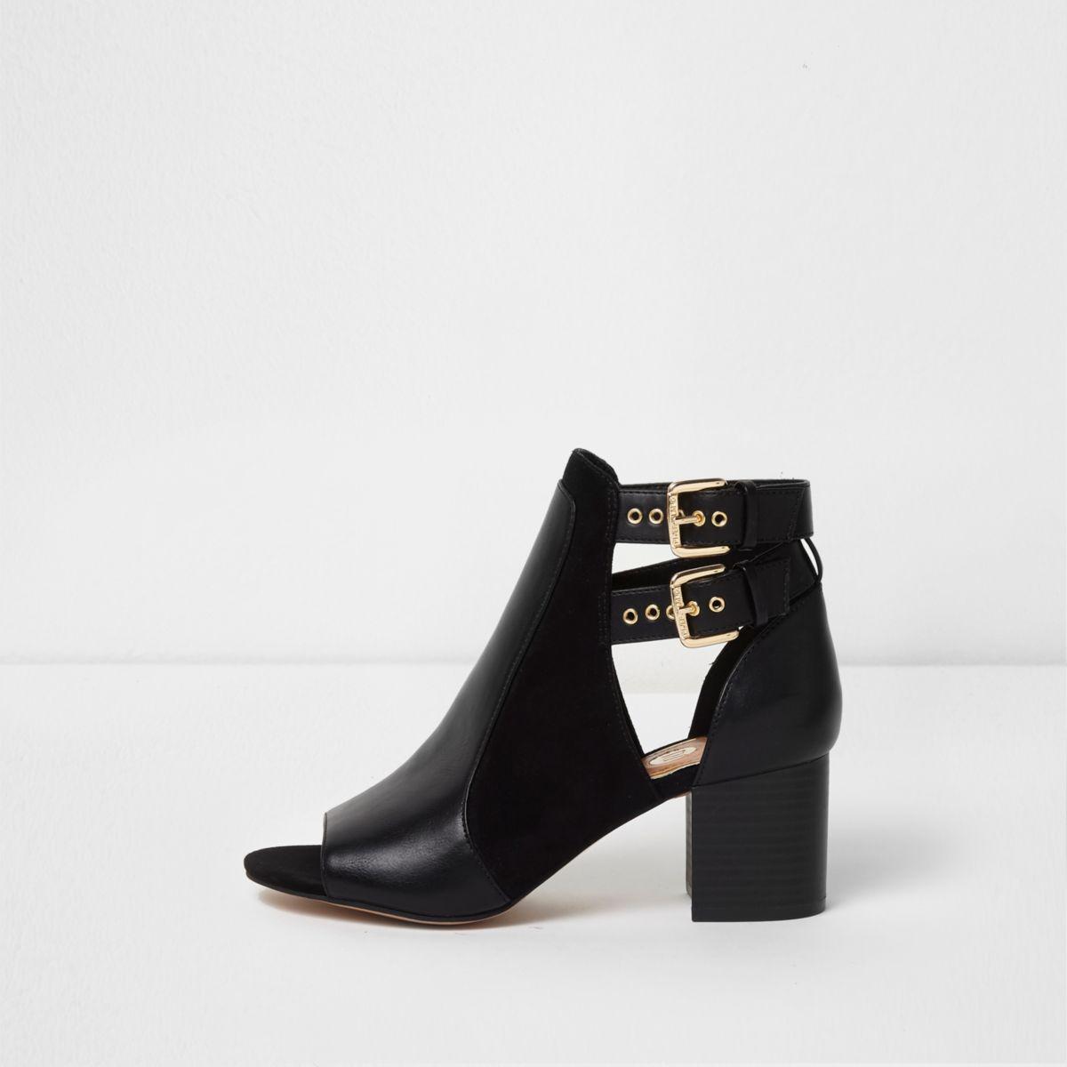 Lyst - River Island Black Double Buckle Peep Toe Shoe Boots Black ...