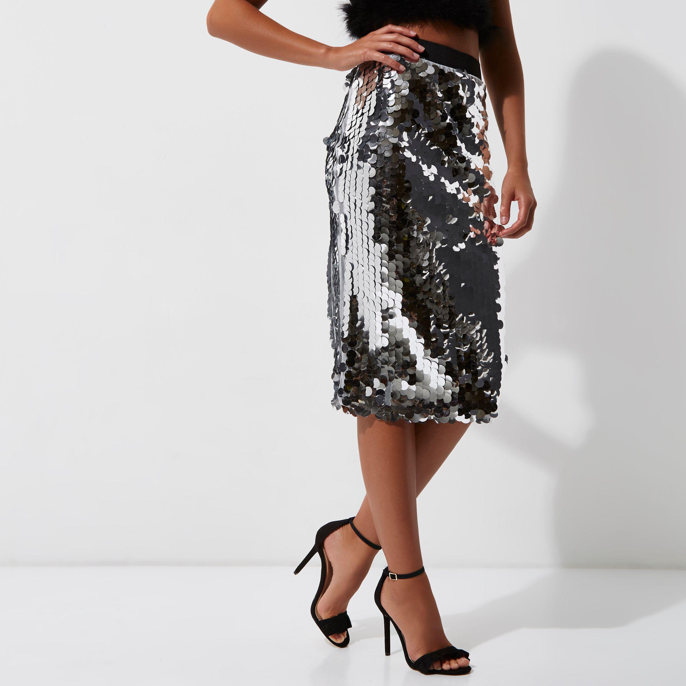 Lyst River Island Silver Sequin Midi Pencil Skirt In Metallic