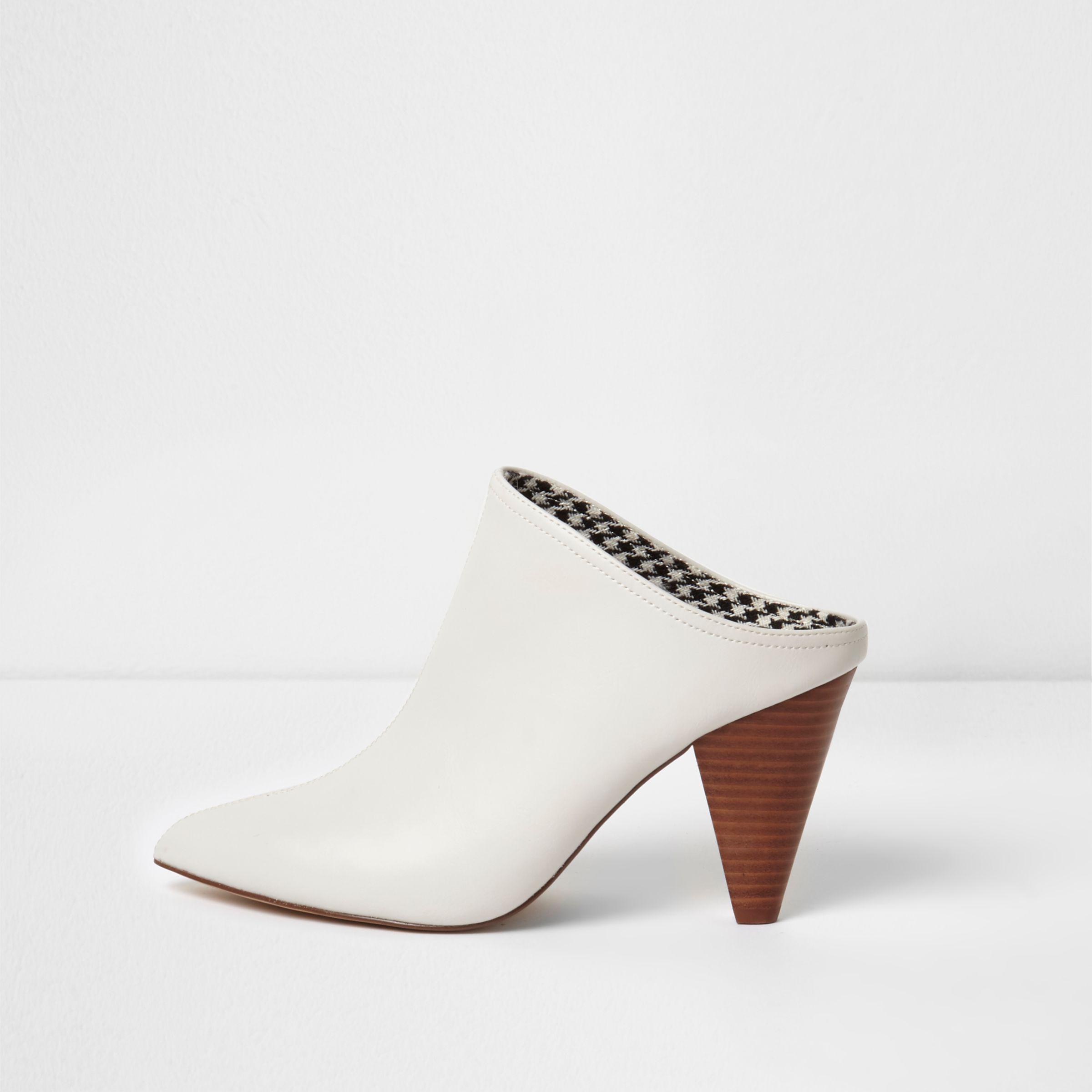 white chunky heeled mules