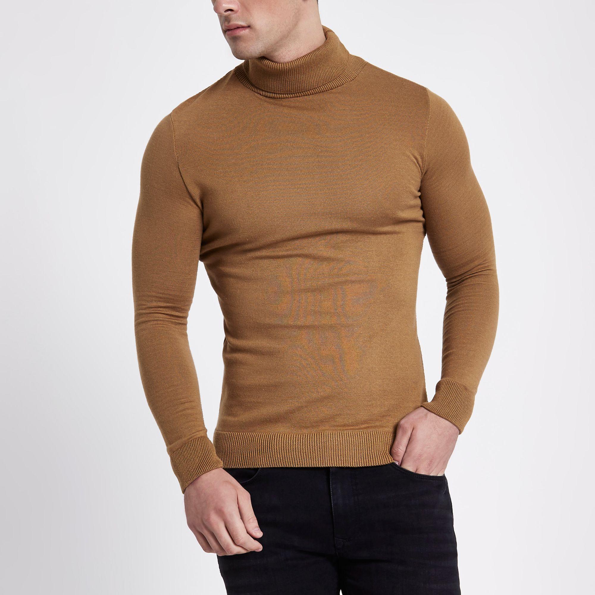 River Island Synthetic Camel Slim Fit Roll Neck Jumper in Brown for Men