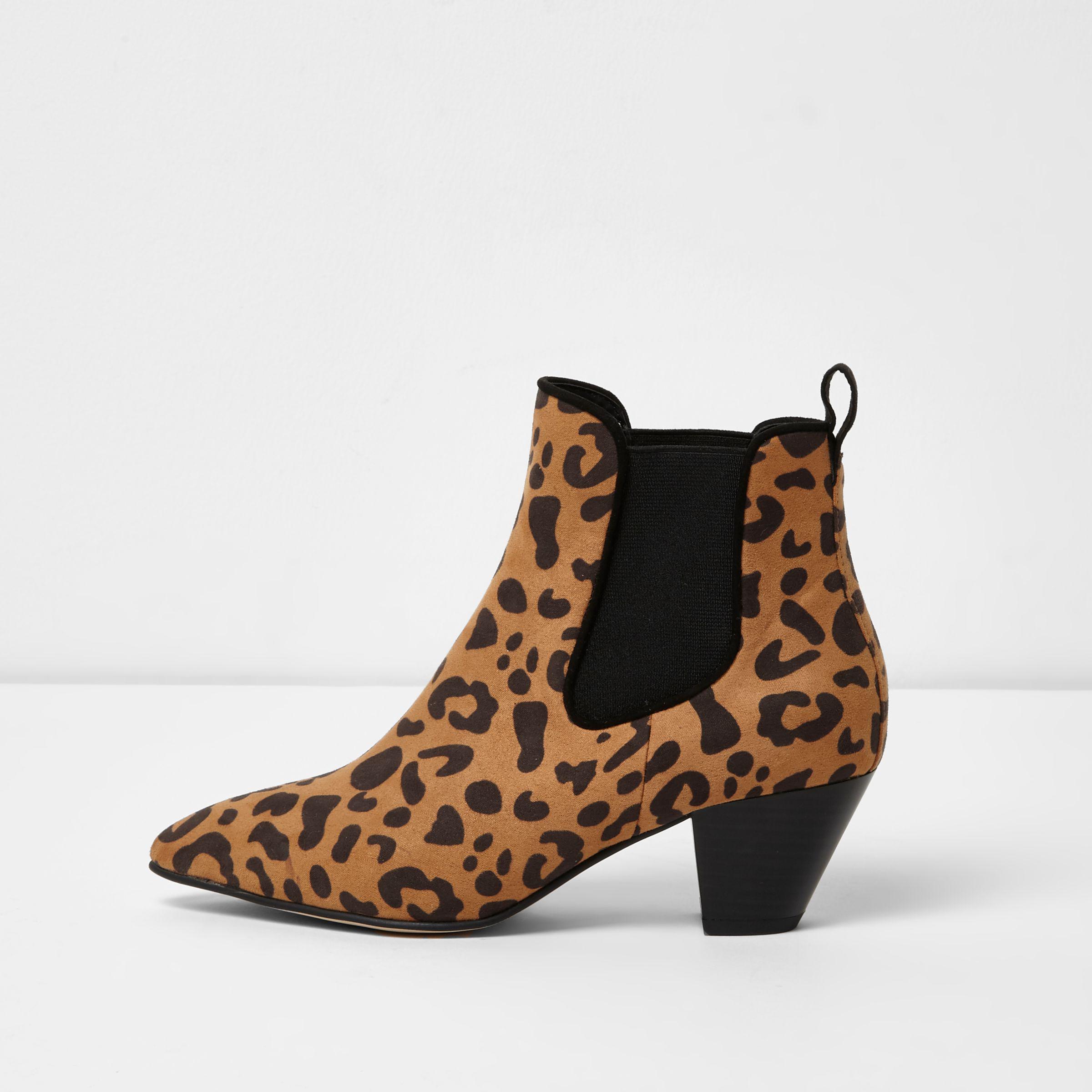 Lyst - River Island Beige Leopard Print Western Ankle Boots in Brown
