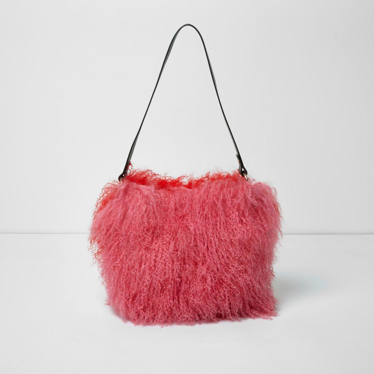 Lyst River Island Pink And Red Mongolian Fur Leather Bucket Bag In Gallery