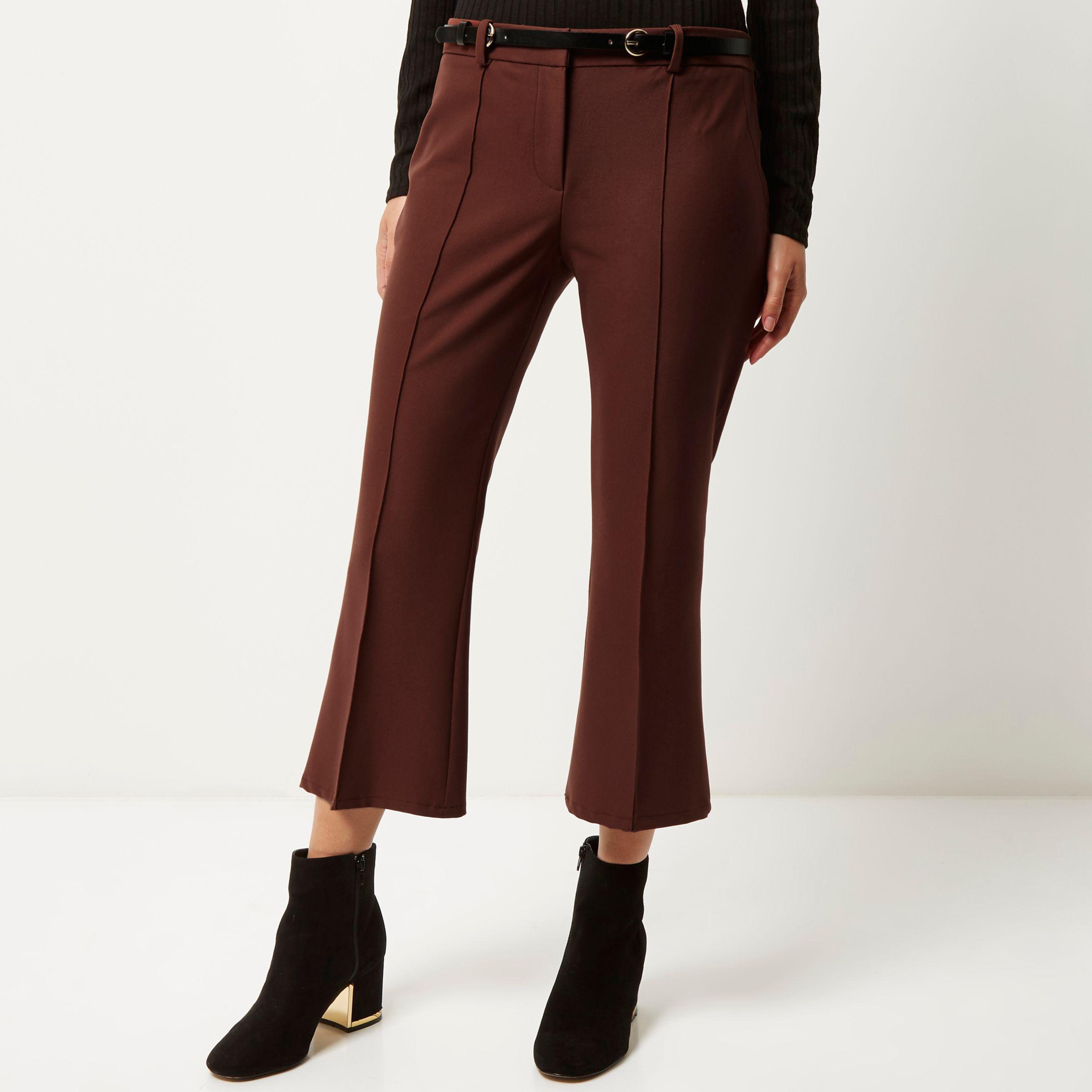 Lyst - River Island Brown Cropped Kick Flare Trousers in Brown