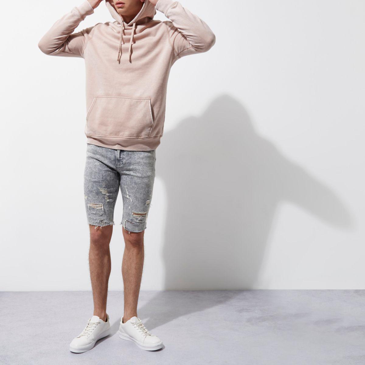 Lyst River Island Grey Acid Wash Ripped Skinny Fit Denim Shorts in