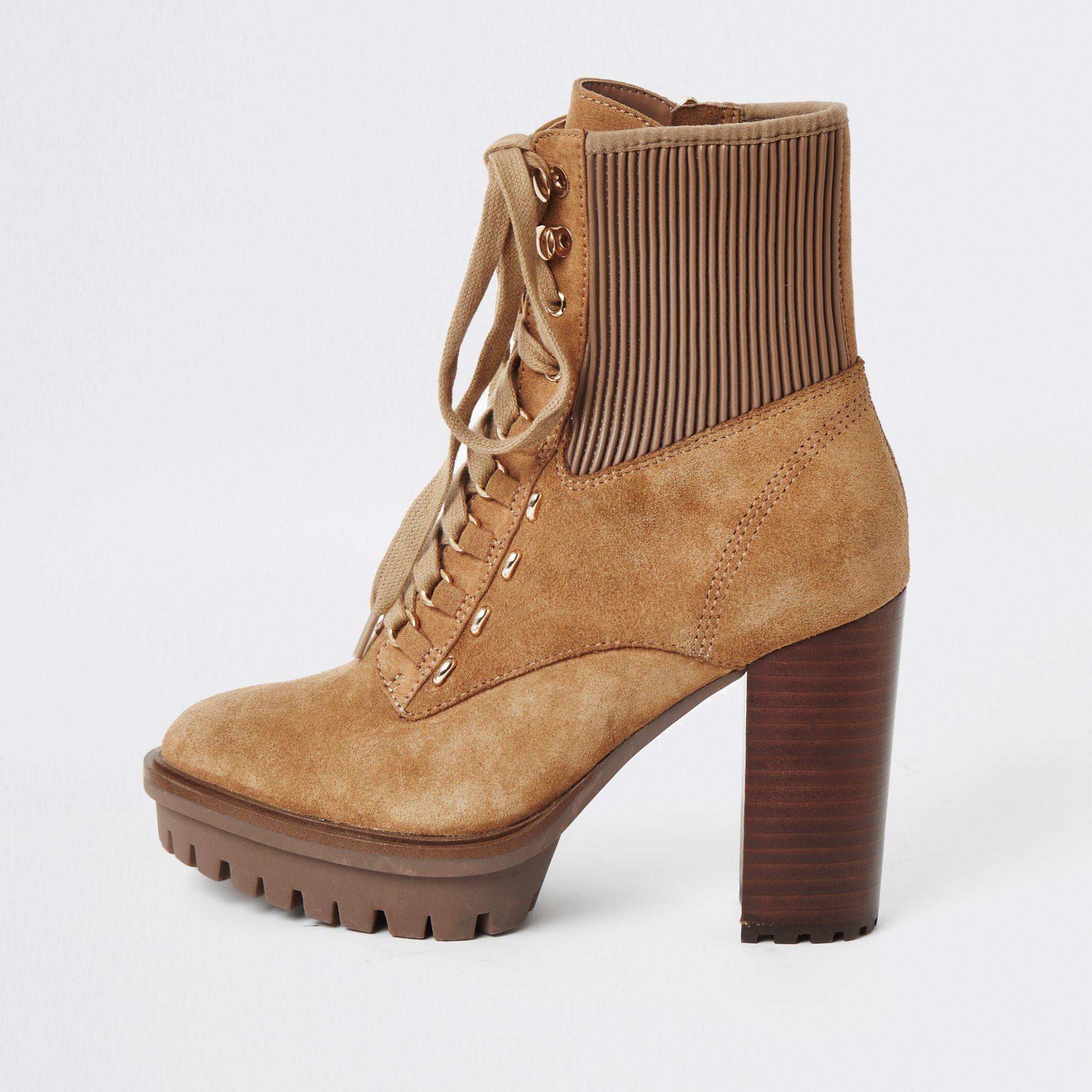 River Island Suede Lace-up High Heeled Hiker Boots in Beige (Natural ...