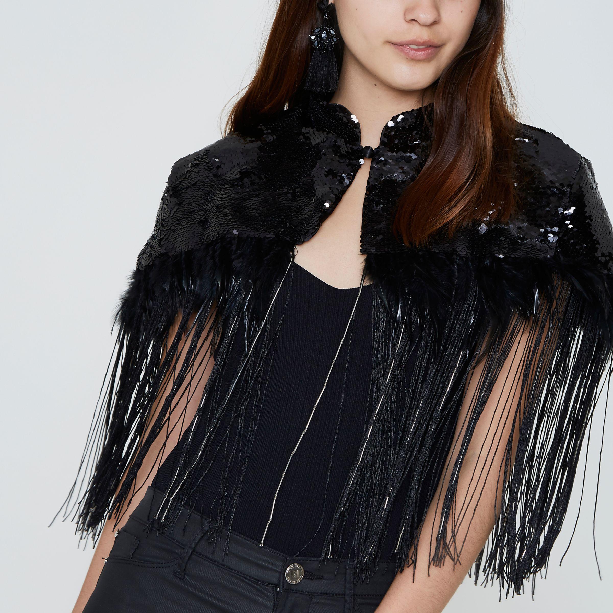 Lyst River Island Black Sequin Fringed Capelet in Black