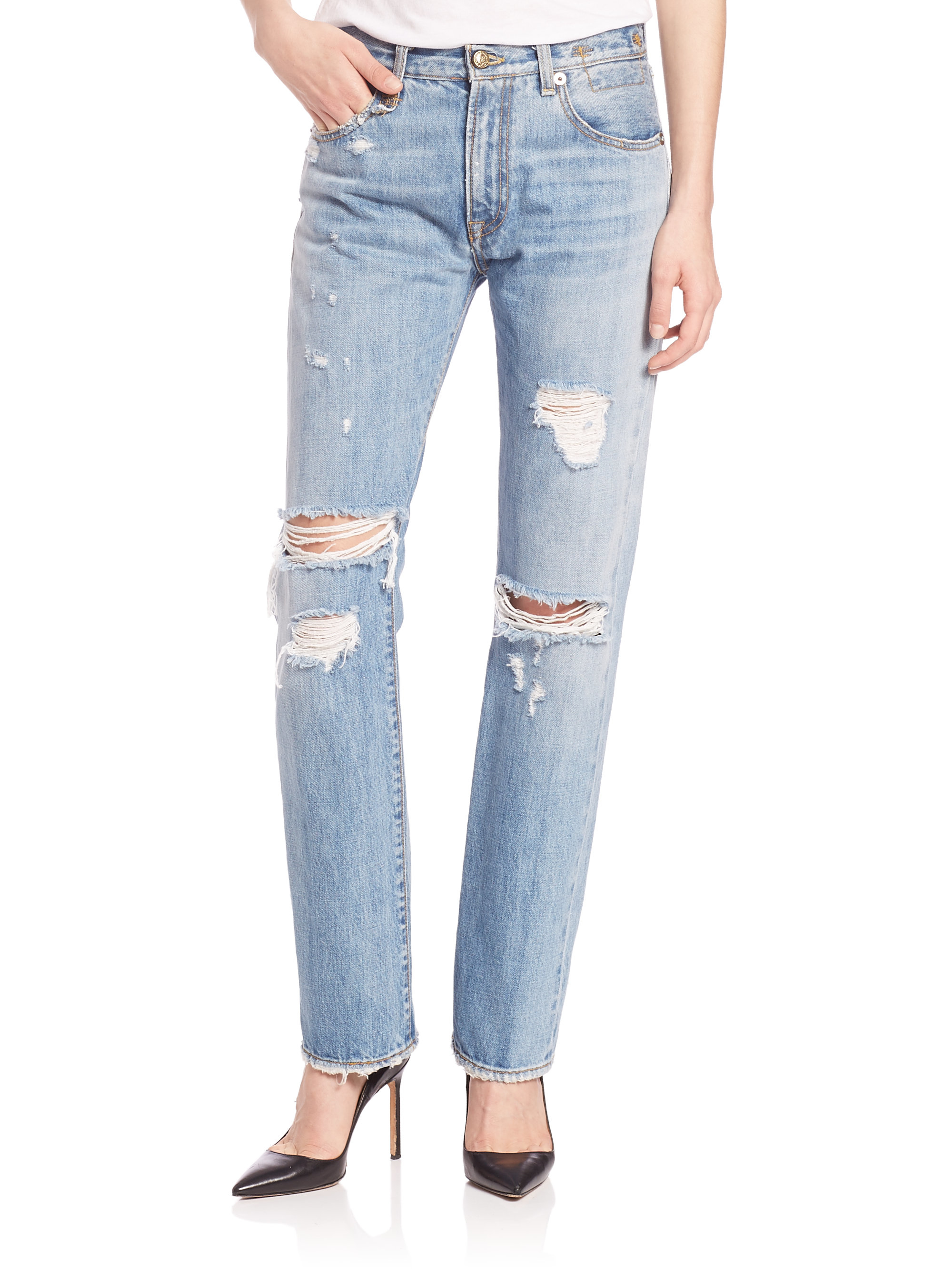 R13 High-rise Distressed Straight-leg Jeans in Blue | Lyst