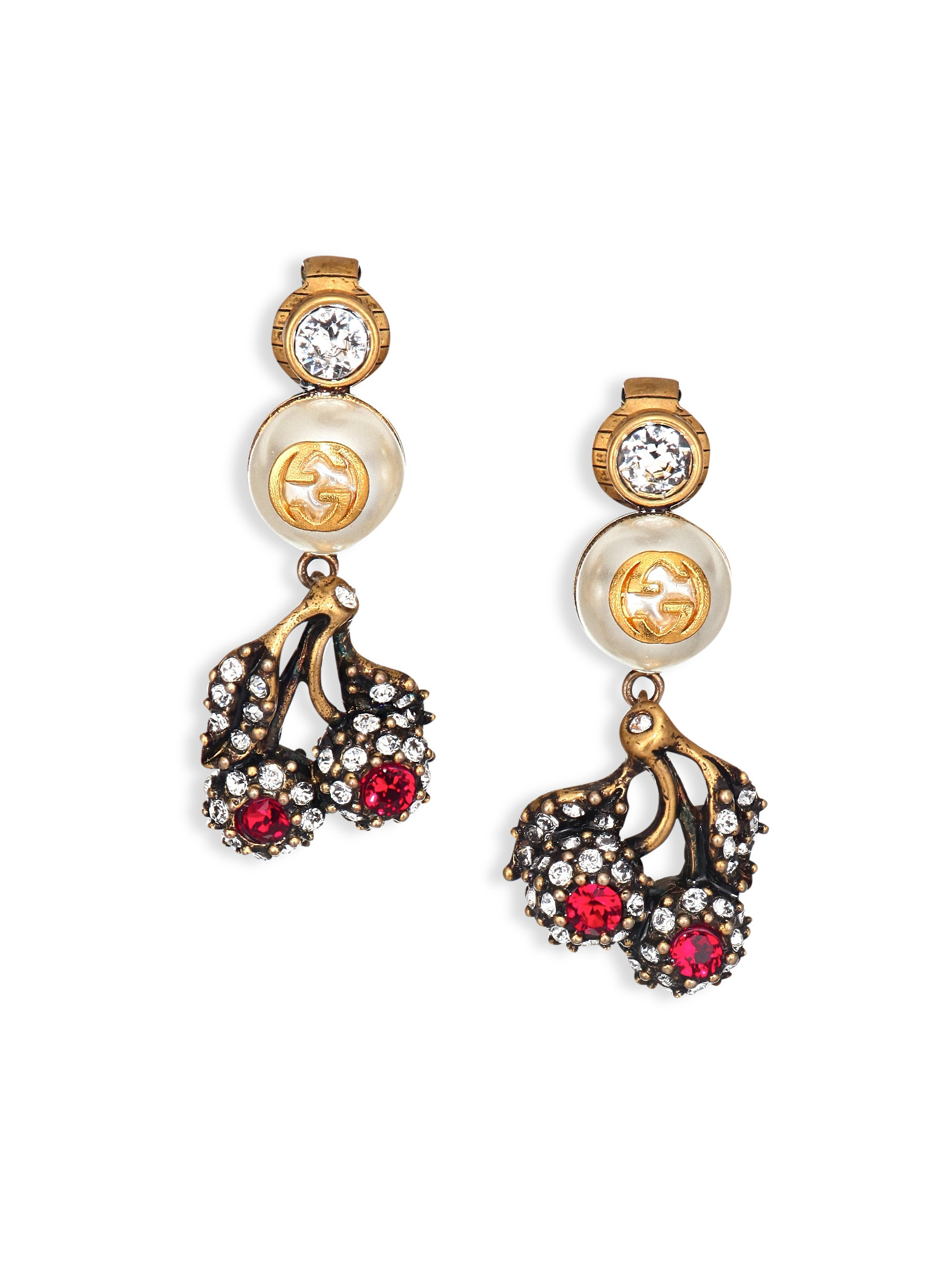 Lyst - Gucci Floral Crystal & Faux Pearl Clip-on Drop Earrings