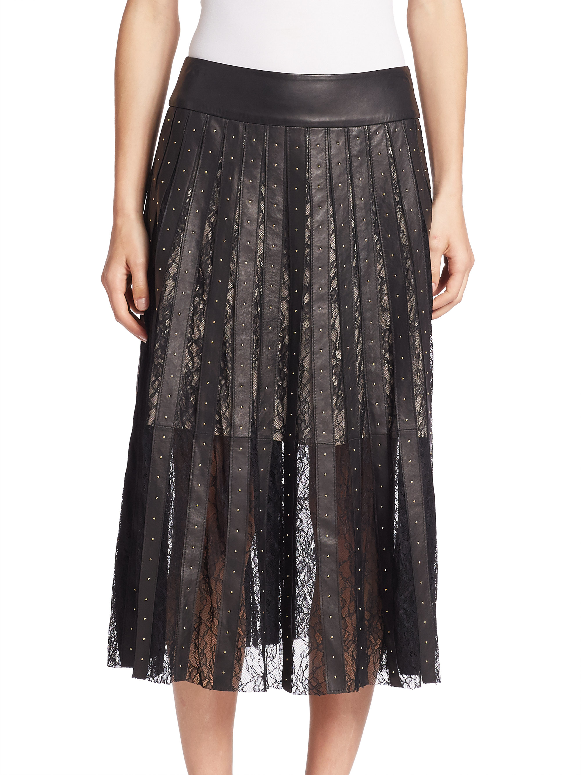 Alice + olivia Tianna Lace Panel Leather Midi Skirt in Black | Lyst