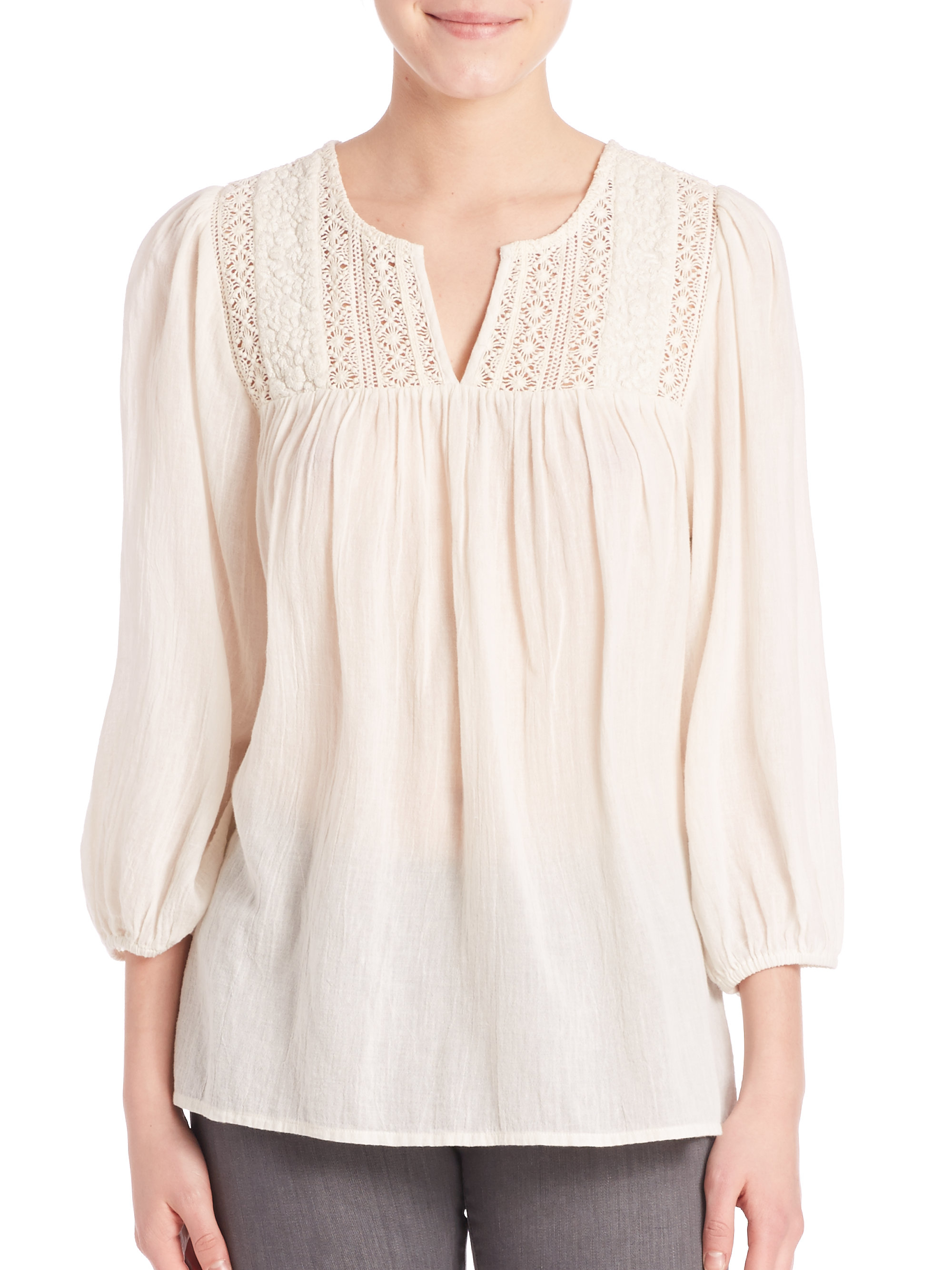 Joie Folk Cotton Gauze Lace Blouse in Pink Lyst