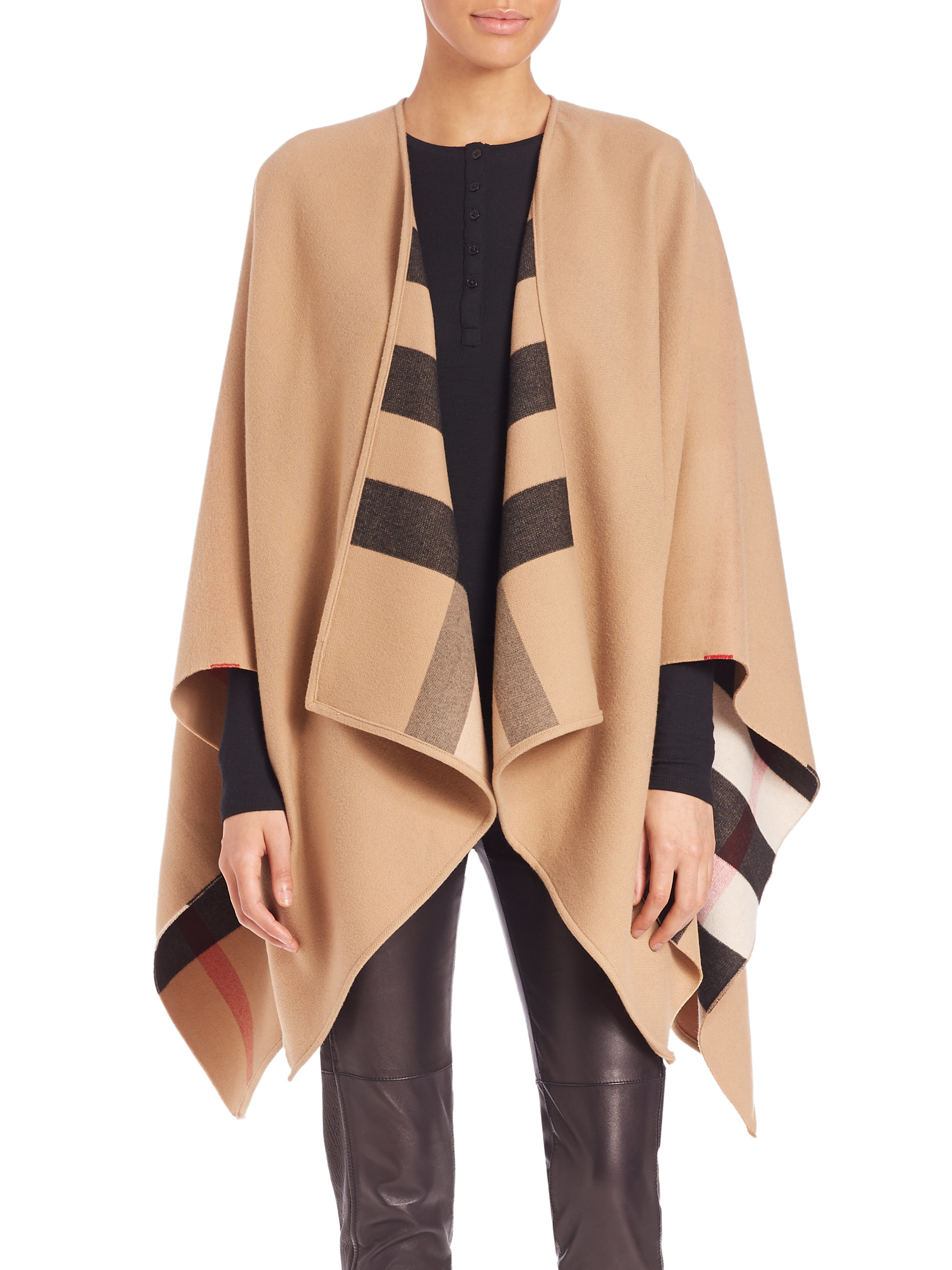 Burberry Charlotte Check Wool Cape in Natural | Lyst