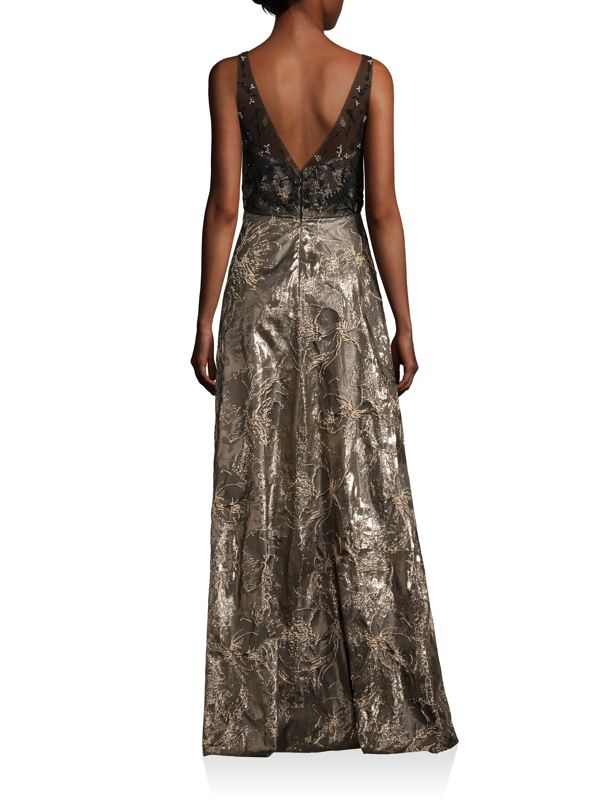Lyst - Badgley Mischka V-back Metallic Brocade Gown in Metallic