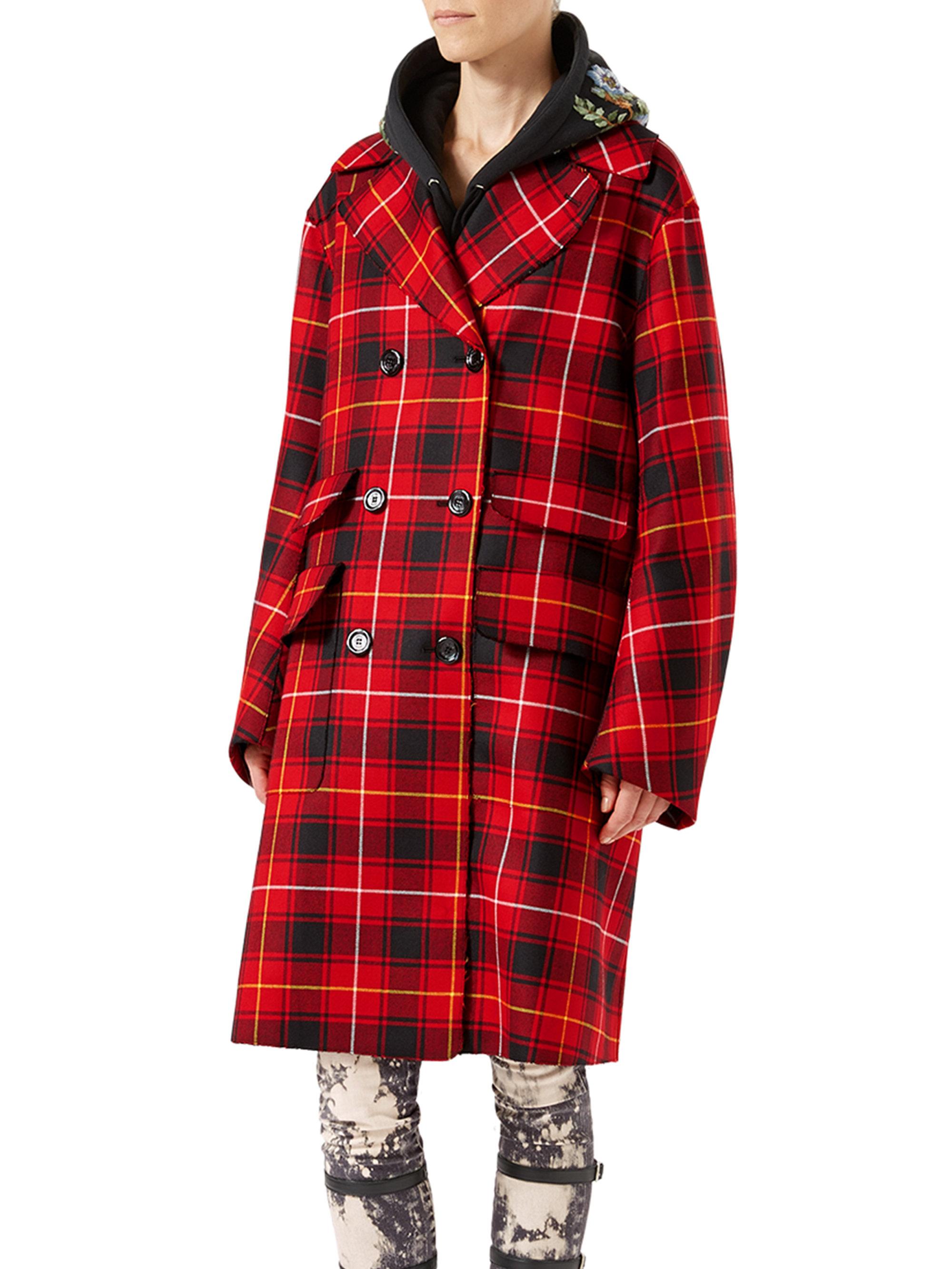 Gucci Embroidered Wool Tartan Overcoat in Red Lyst