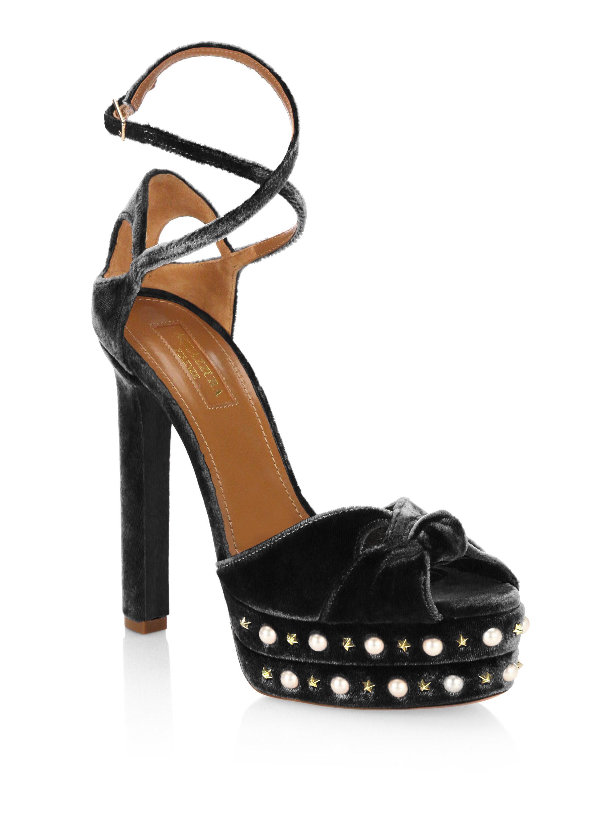Lyst - Aquazzura Harlow Velvet Pearls Platform Sandals in Black