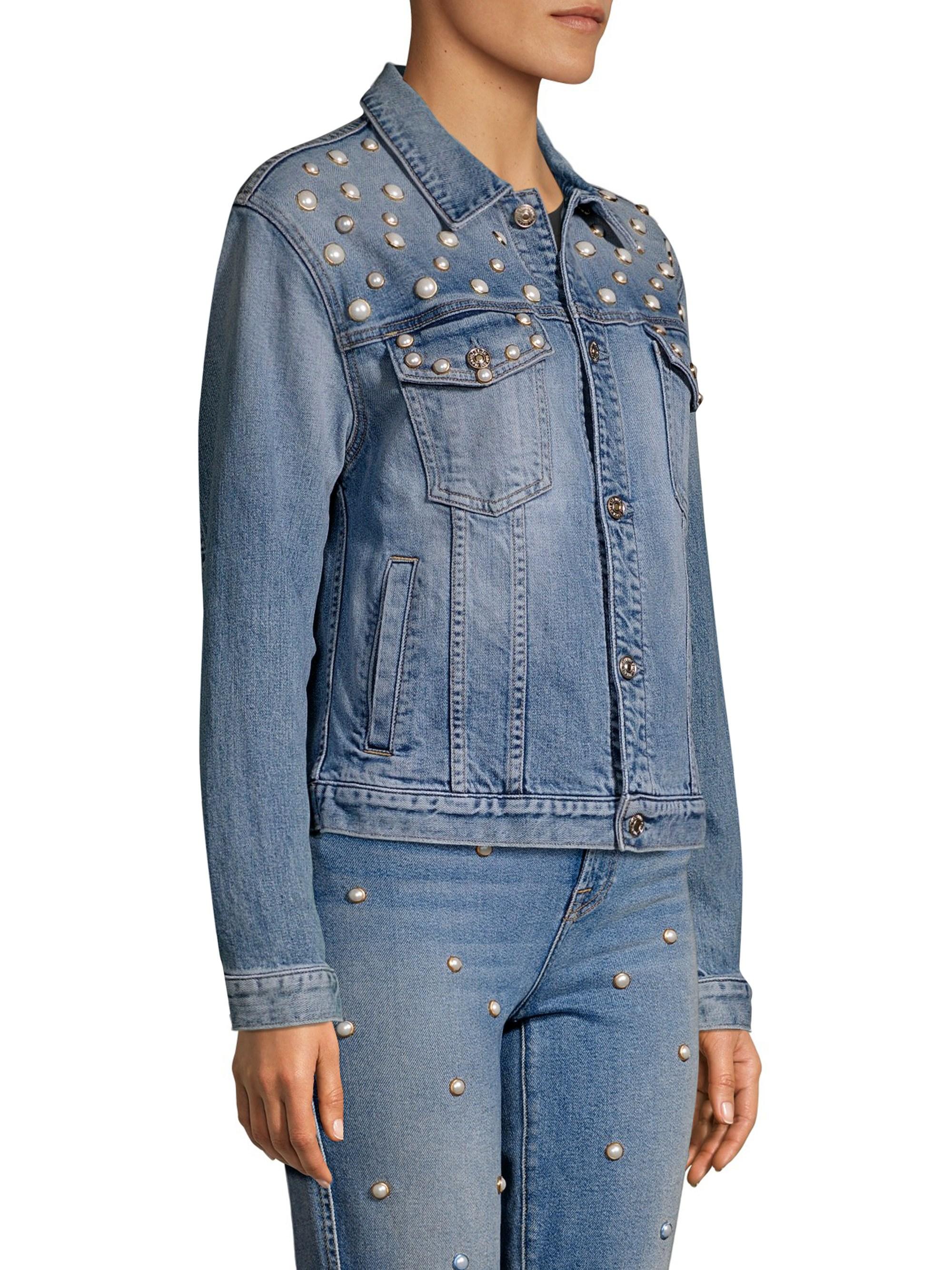 Lyst - 7 For All Mankind Faux Pearl Embellished Denim Jacket in Blue