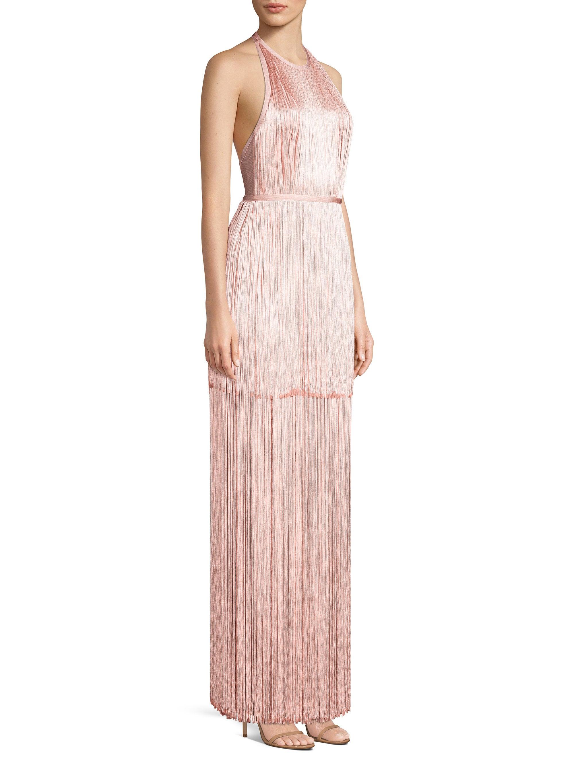 herve leger draped fringe deep square neck gown