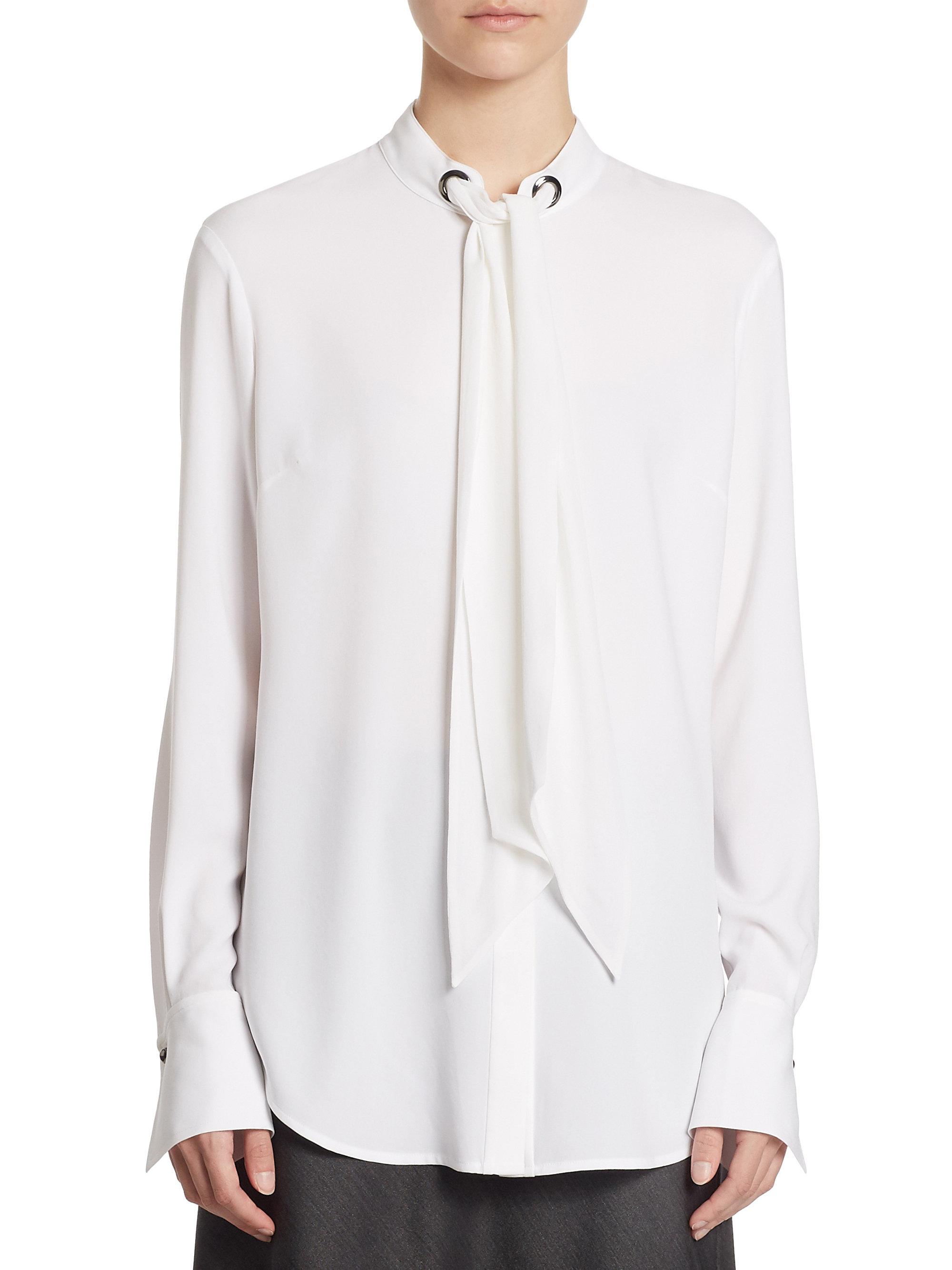 white blouse with tie neck