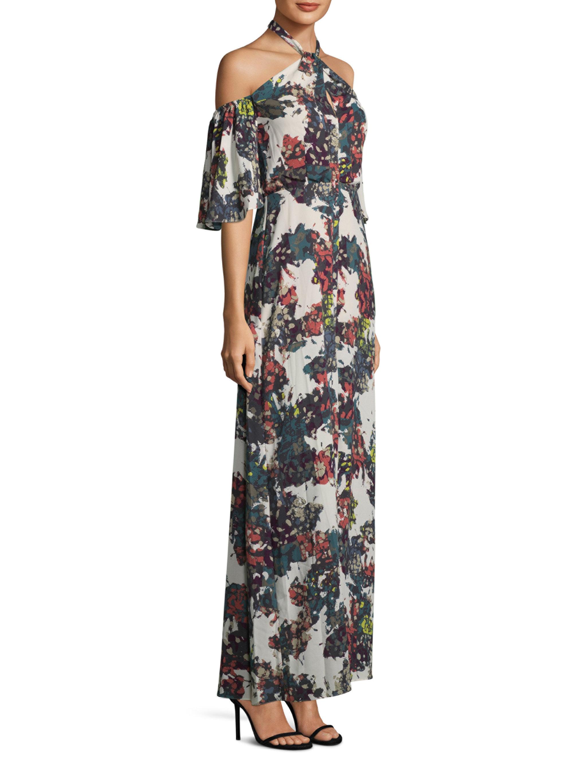 Lyst - Bcbgmaxazria Cold Shoulder Floral Halter Gown