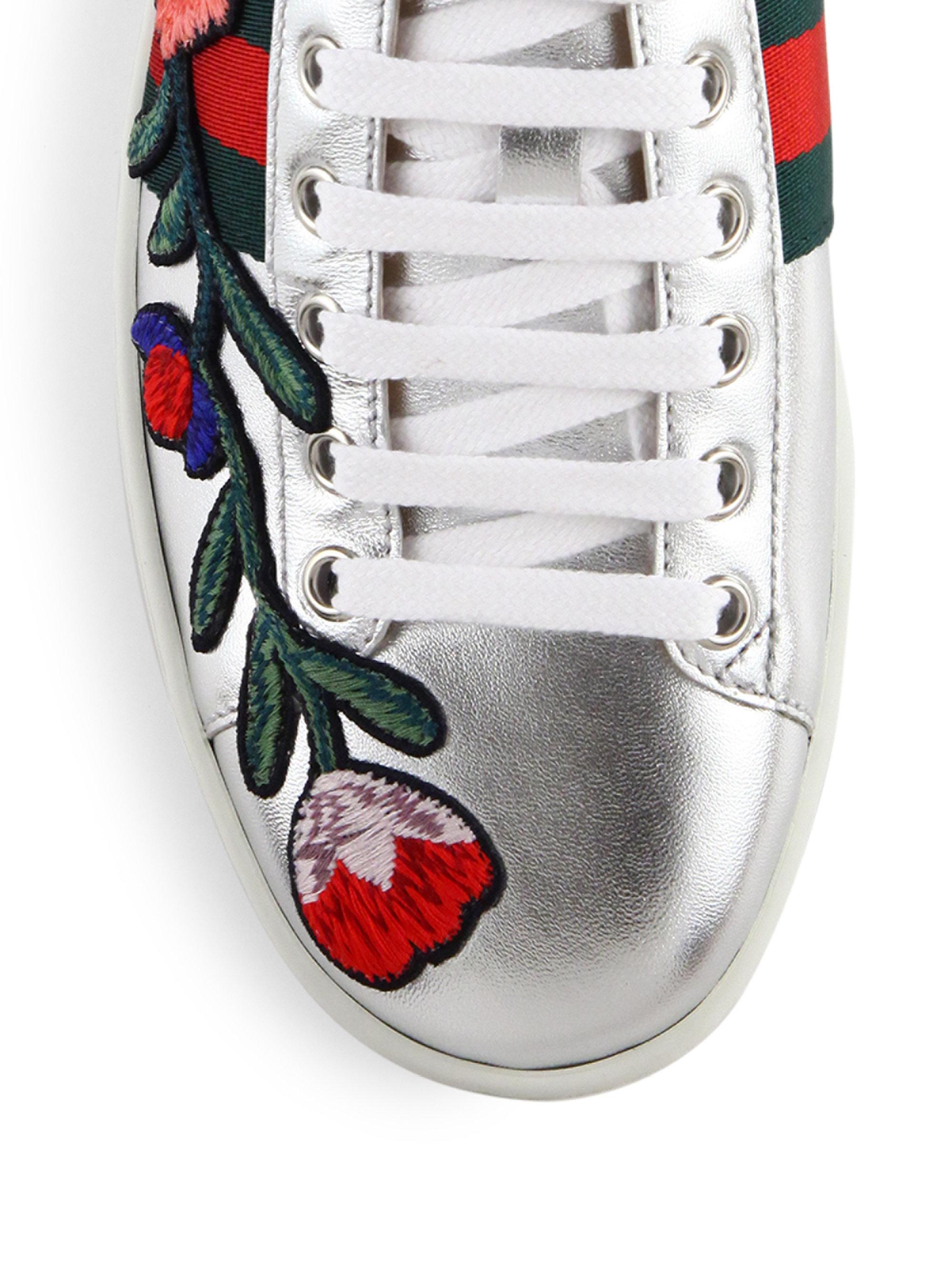Lyst Gucci New Ace Floralembroidered Metallic Leather Sneakers in