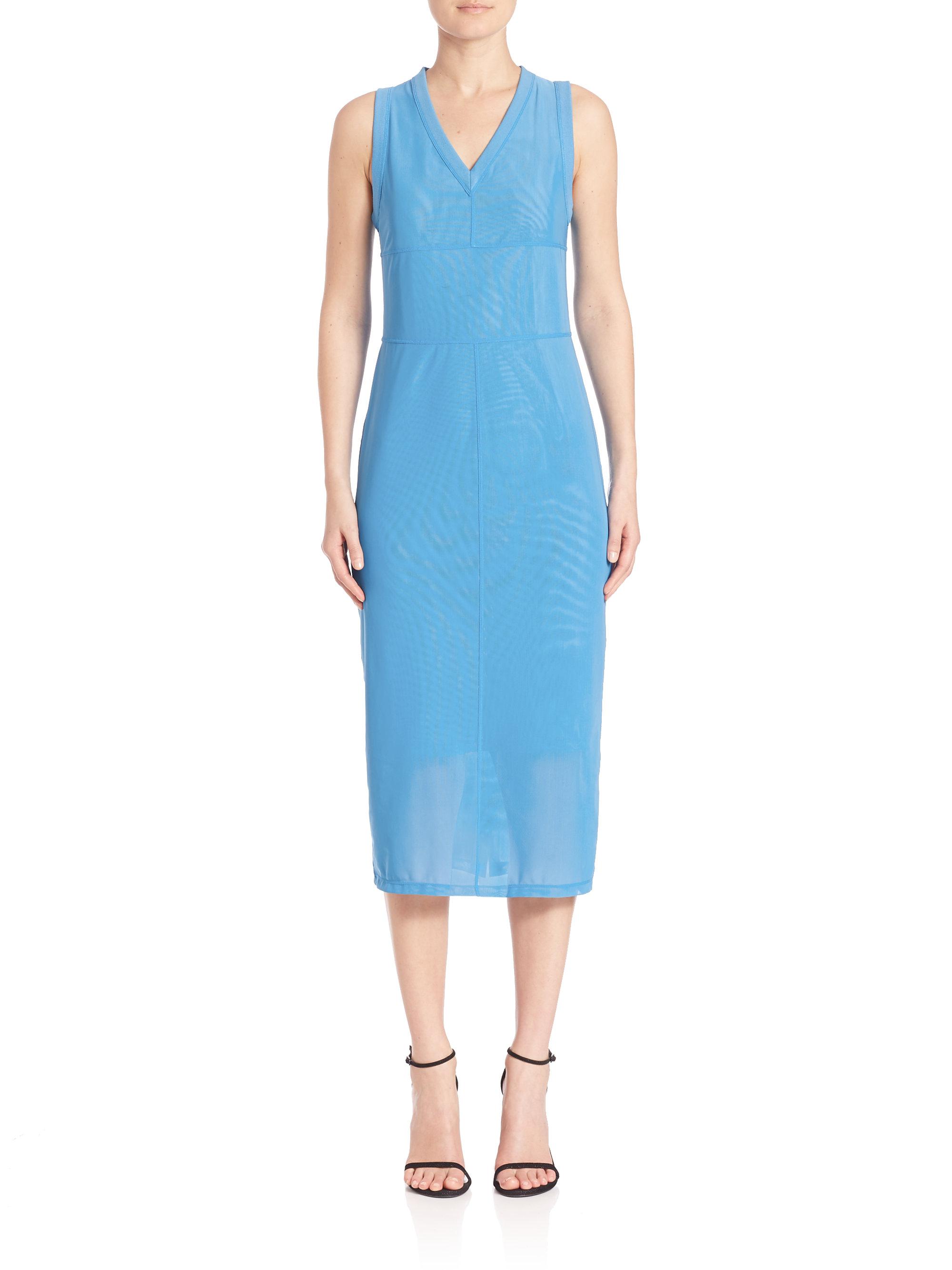 lyst-saks-fifth-avenue-power-mesh-sleeveless-pencil-dress-in-blue