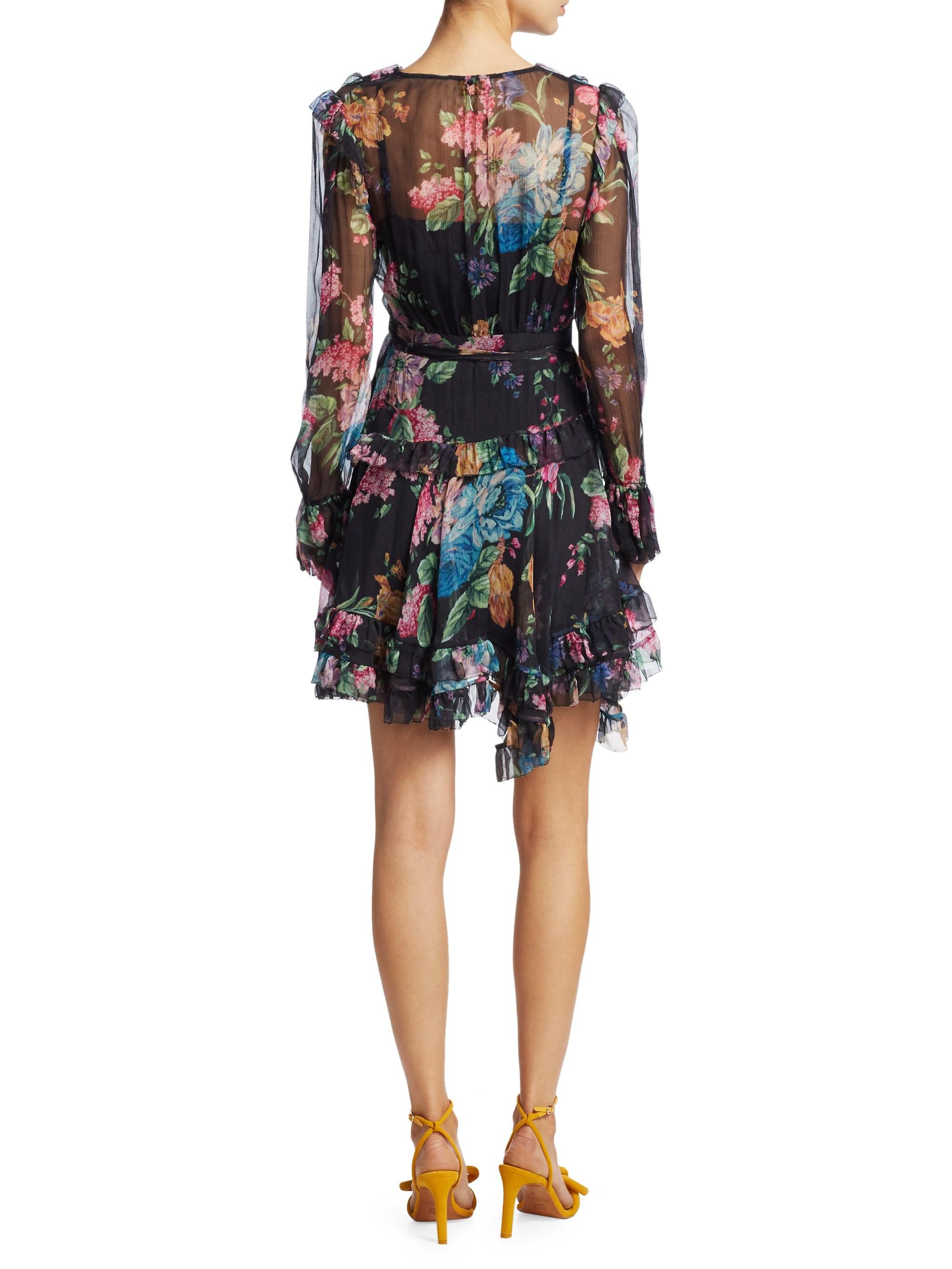 Zimmermann Ninety-six Floral Ruffle Silk Dress in Black Blossom (Black ...