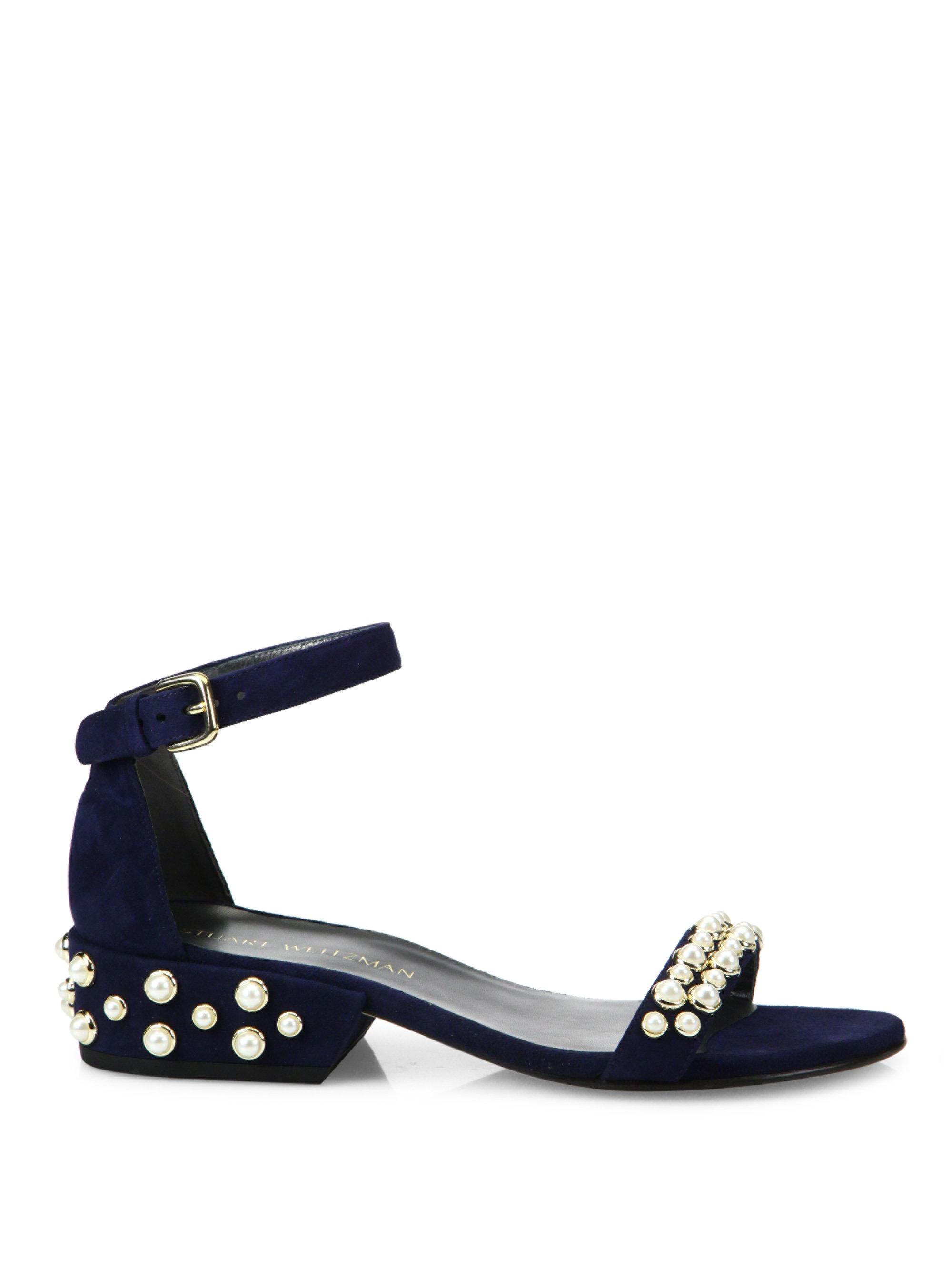 Lyst - Stuart Weitzman All Pearls Studded Suede Block Heel Sandals in Blue