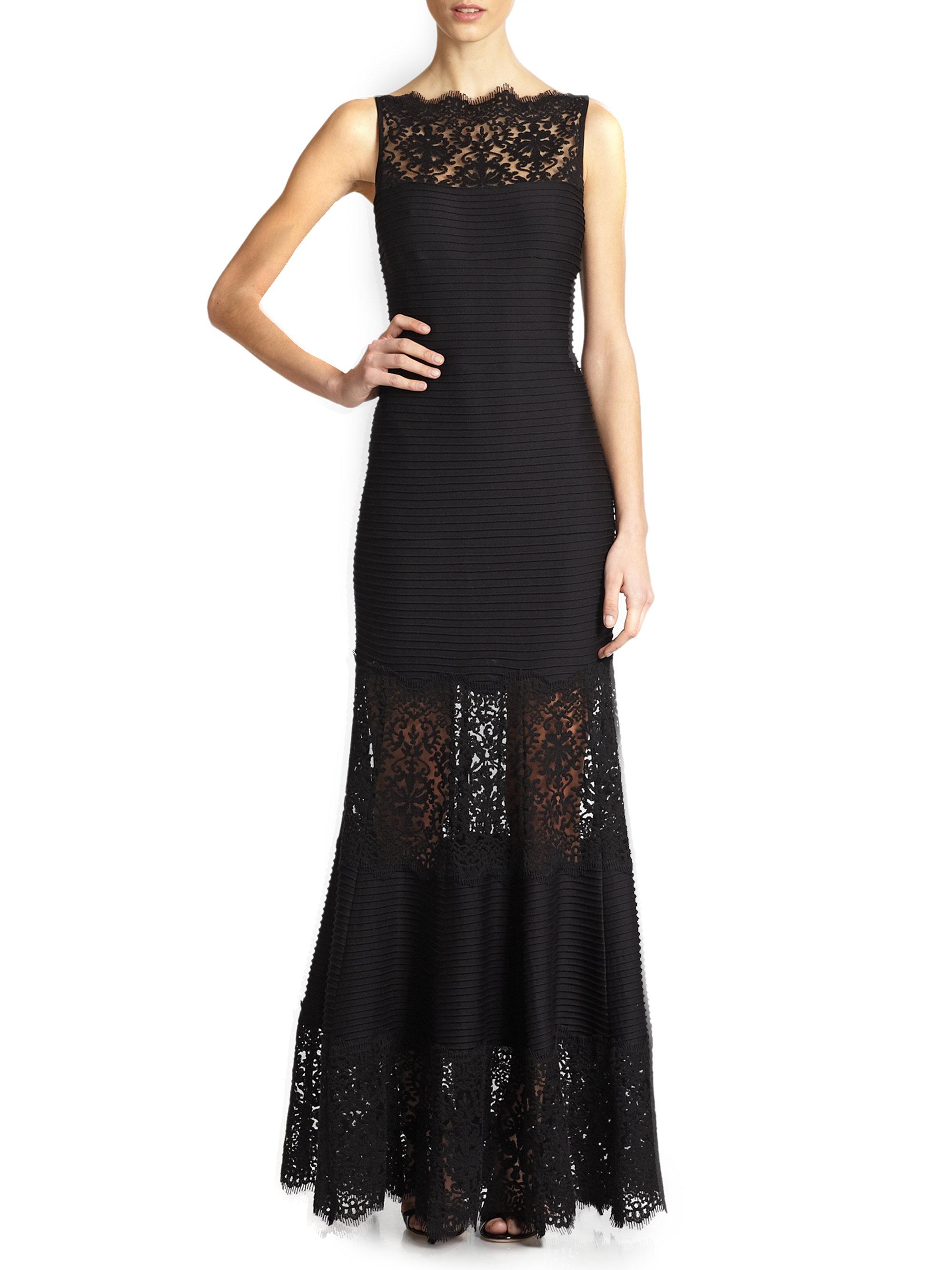 tadashi shoji black lace gown