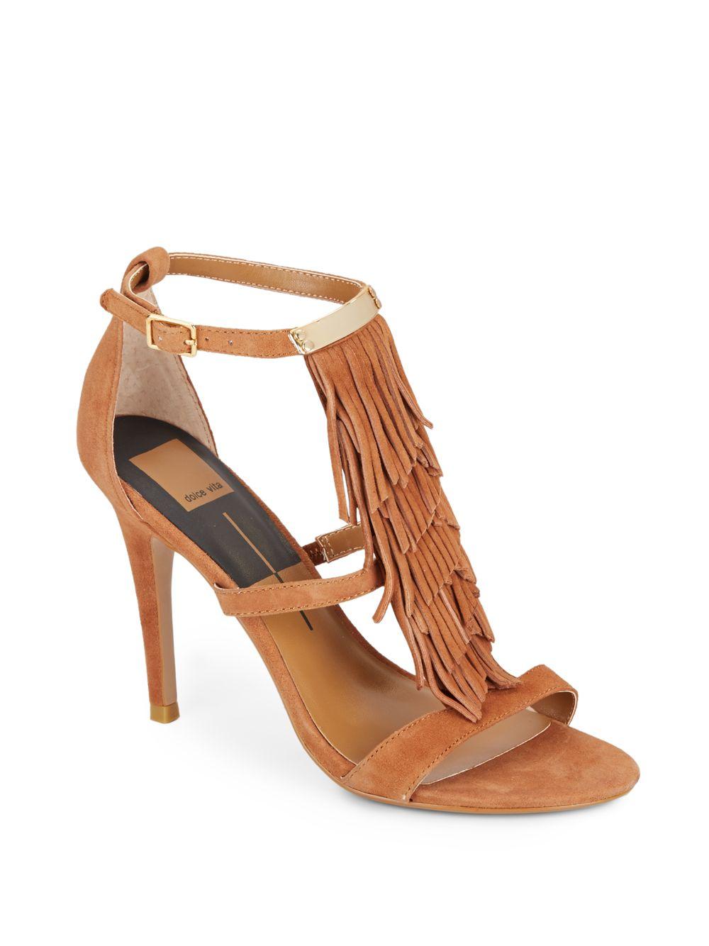 Dolce vita Michelle Fringed Suede Sandals in Natural | Lyst