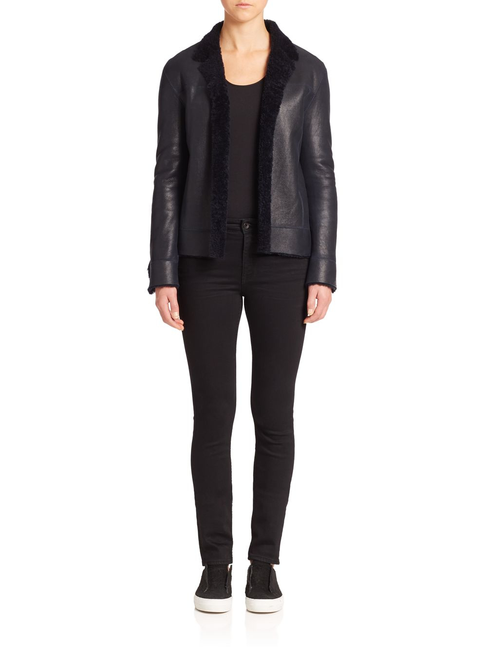 Helmut lang Leather & Shearling Jacket in Blue | Lyst
