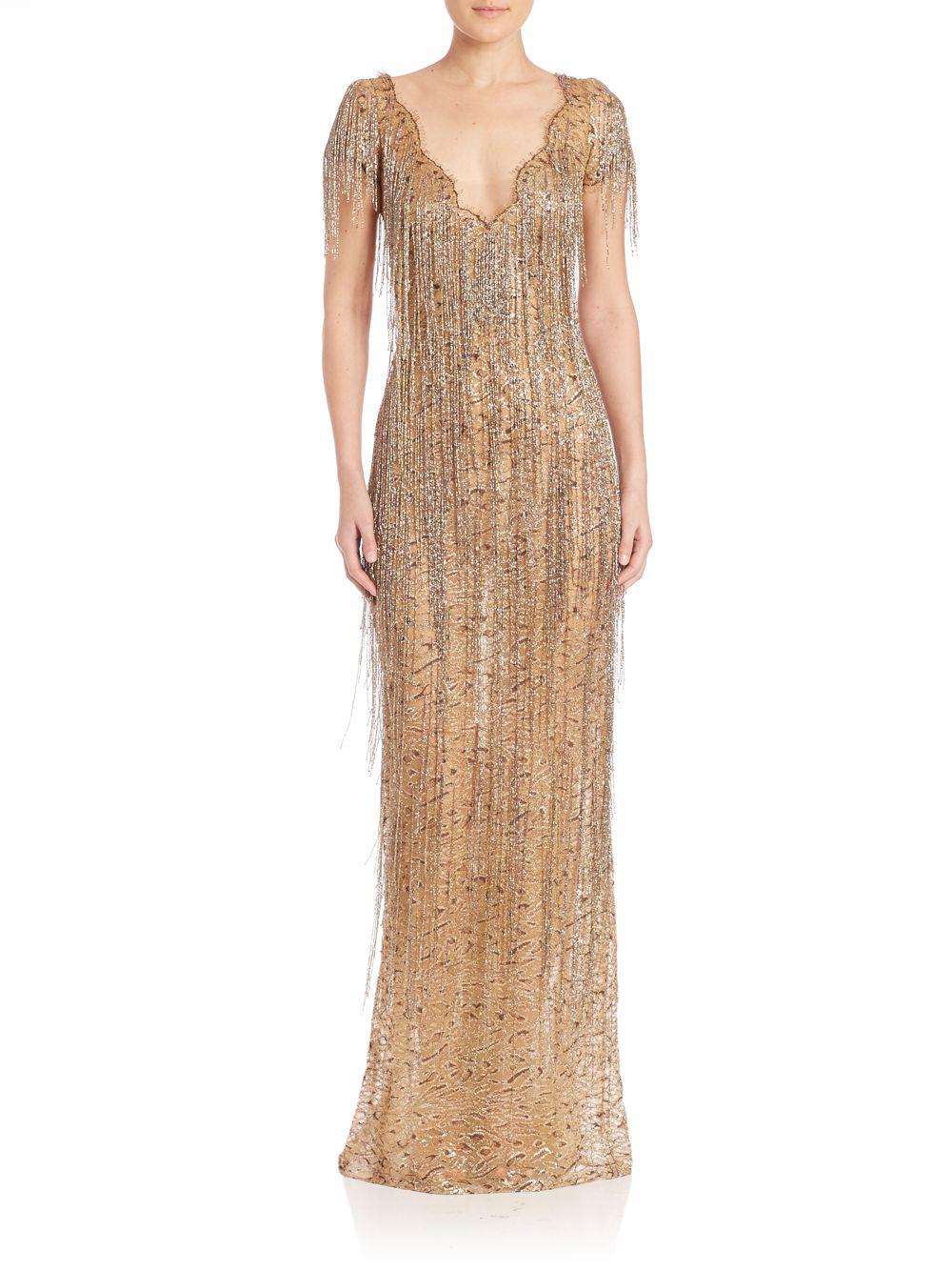 Lyst - Marchesa Gold Beaded Fringe Gown in Metallic