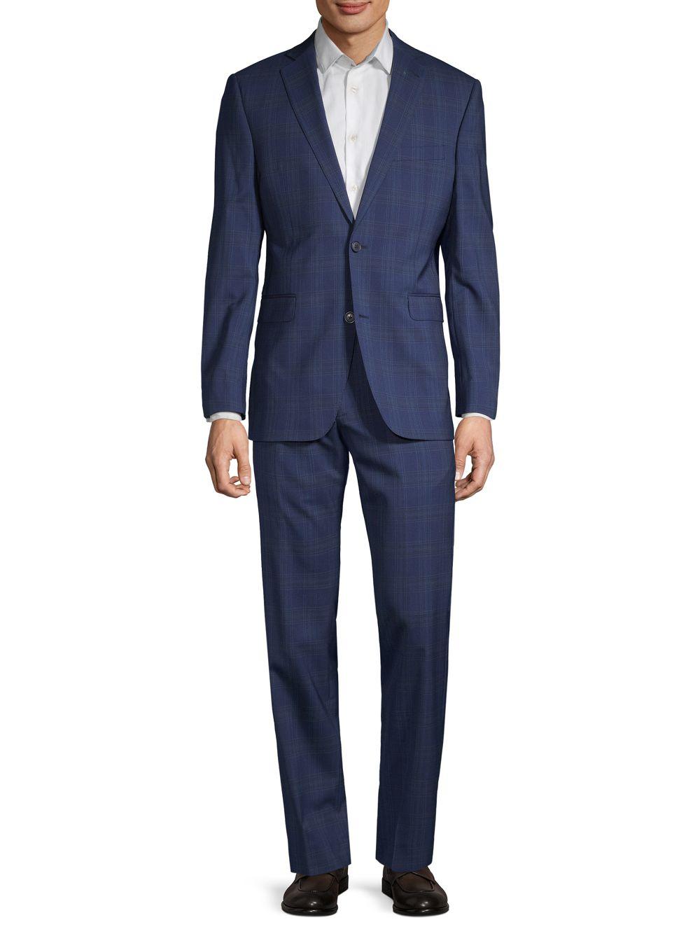 Saks Fifth Avenue Trim-fit Plaid Wool Suit in Navy (Blue) for Men - Lyst