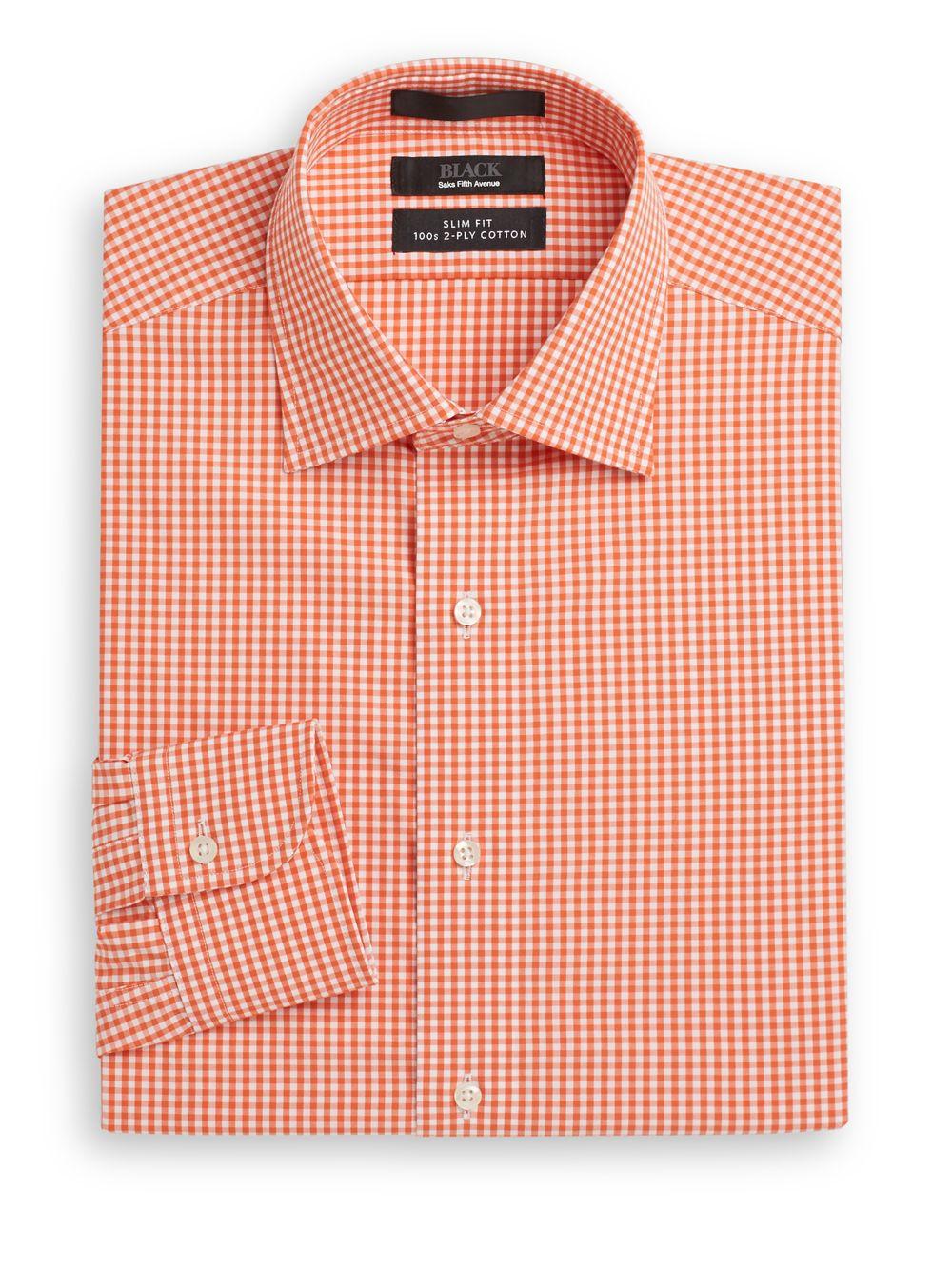 saks-fifth-avenue-slim-fit-gingham-dress-shirt-in-orange-for-men-lyst