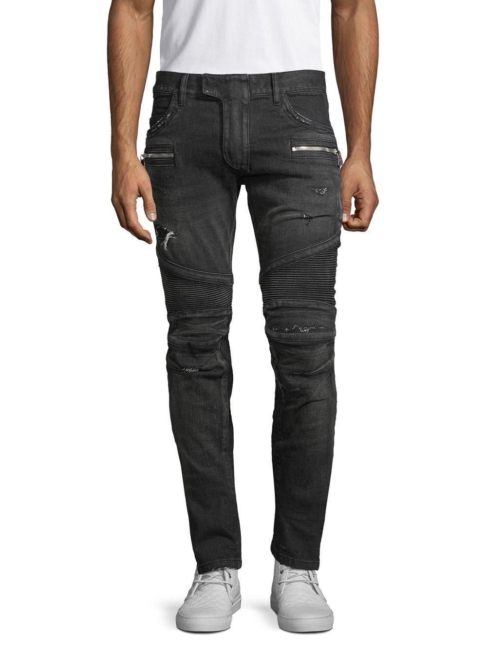 Balmain Distressed Cotton Blend Moto Jeans in Black for