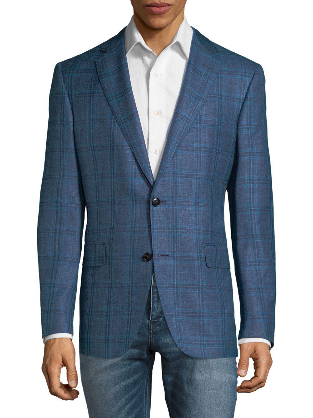 Pal Zileri Wool Linen Silk Plaid Jacket in Blue for Men - Lyst