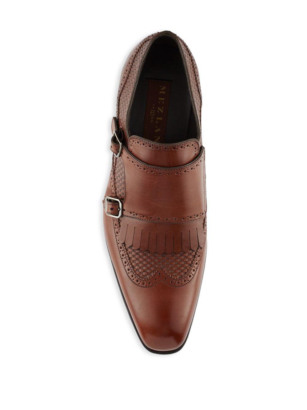 Mezlan Leather Fringed Monk Strap Dress Shoes in Cognac (Brown) for Men