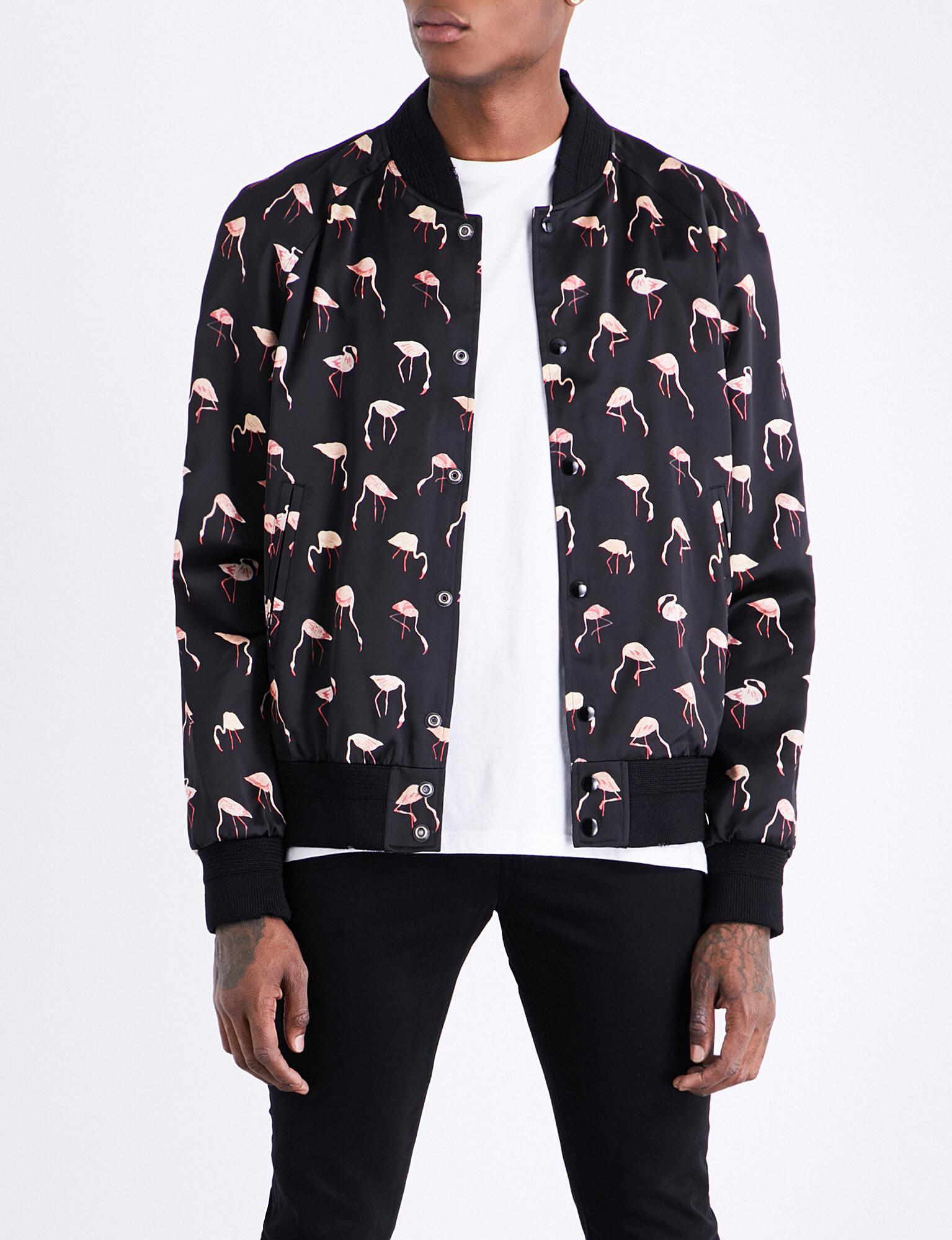 Saint Laurent Pink Flamingo Print Bomber Jacket in Black for Men - Lyst
