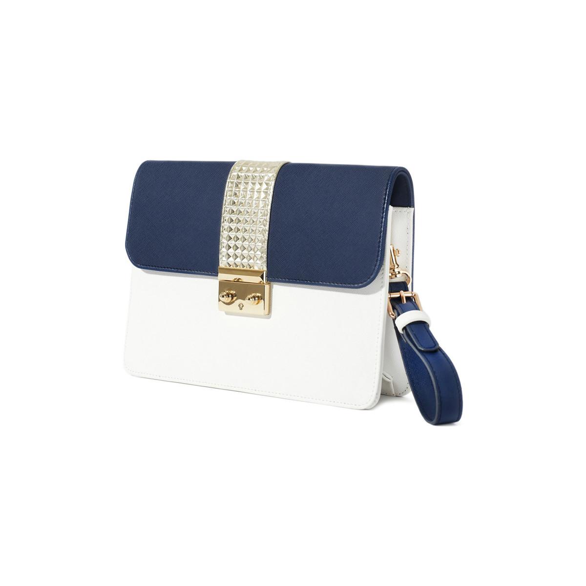 navy white handbag