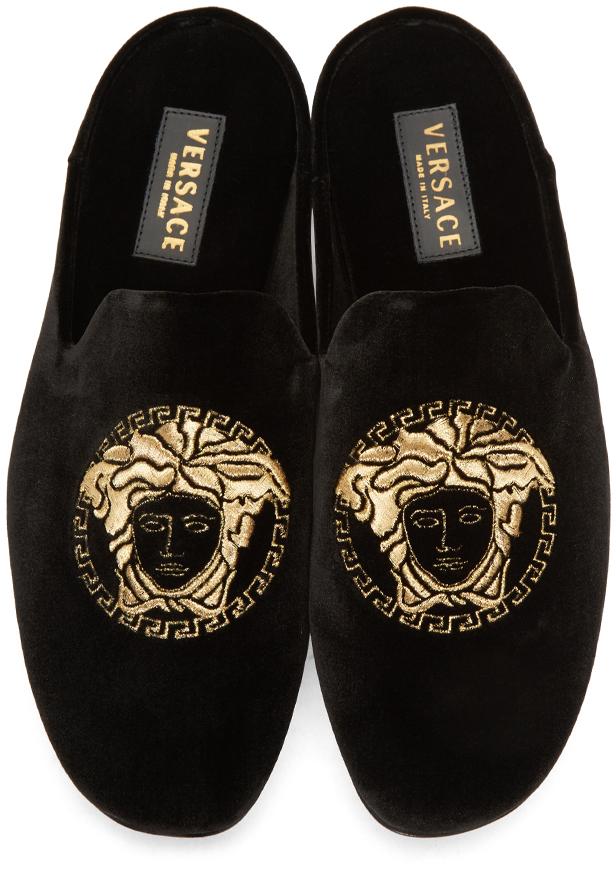 Versace Black Velvet Medusa Slip-on Loafers in Black for Men | Lyst