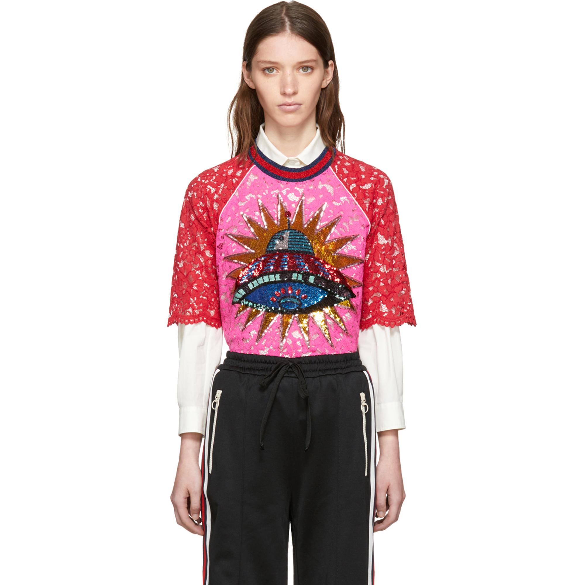Lyst - Gucci Pink & Red Lace Ufo Blouse in Pink