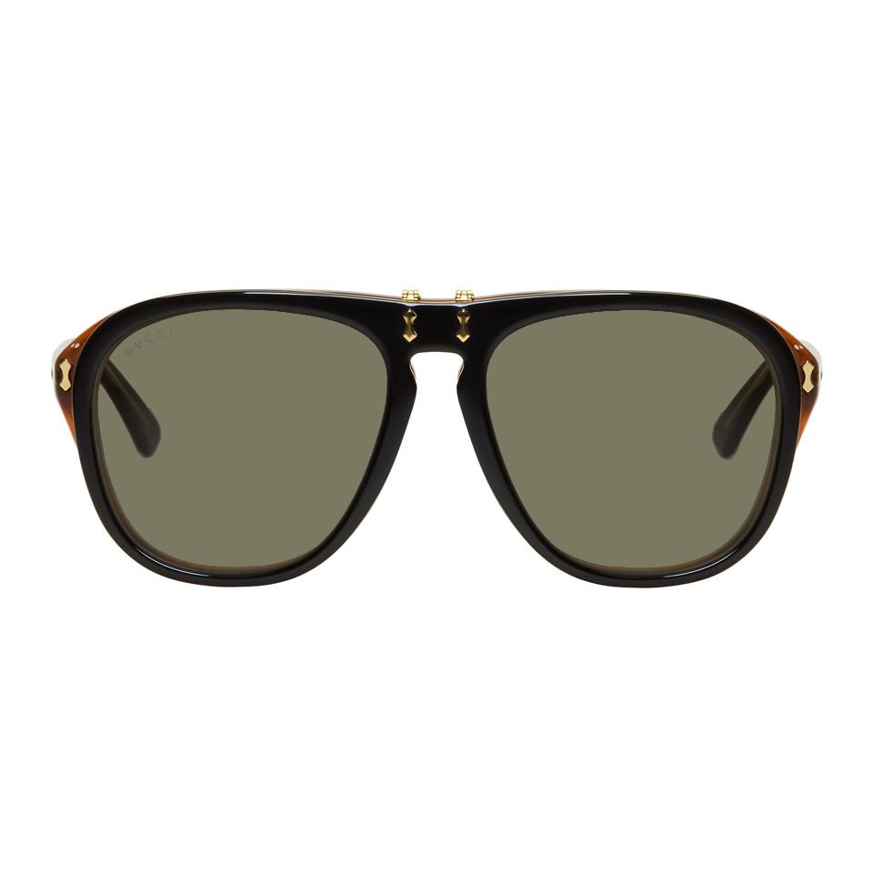 Gucci Black And Tortoiseshell Flip Up Pilot Sunglasses For Men Lyst 