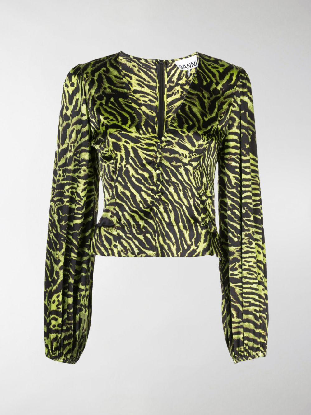 Ganni Tiger Print Blouse in Green - Save 26% - Lyst