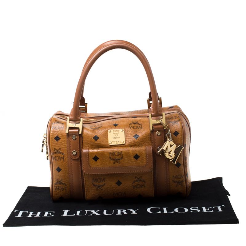 MCM Cognac Visetos Leather Boston Bag in Brown - Lyst
