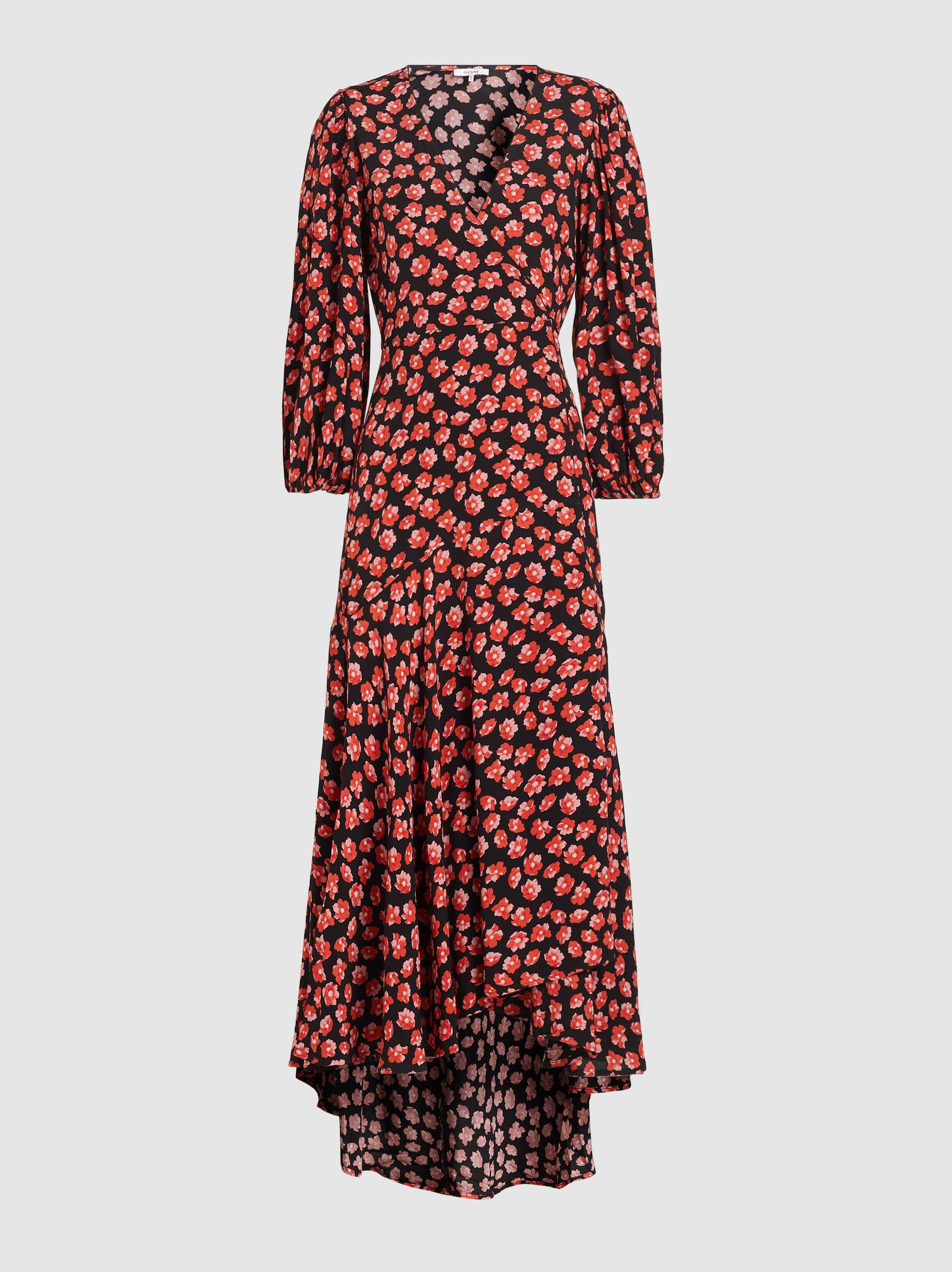 Lyst - Ganni Lindale Floral-print Crepe De Chine Wrap Dress in Red ...